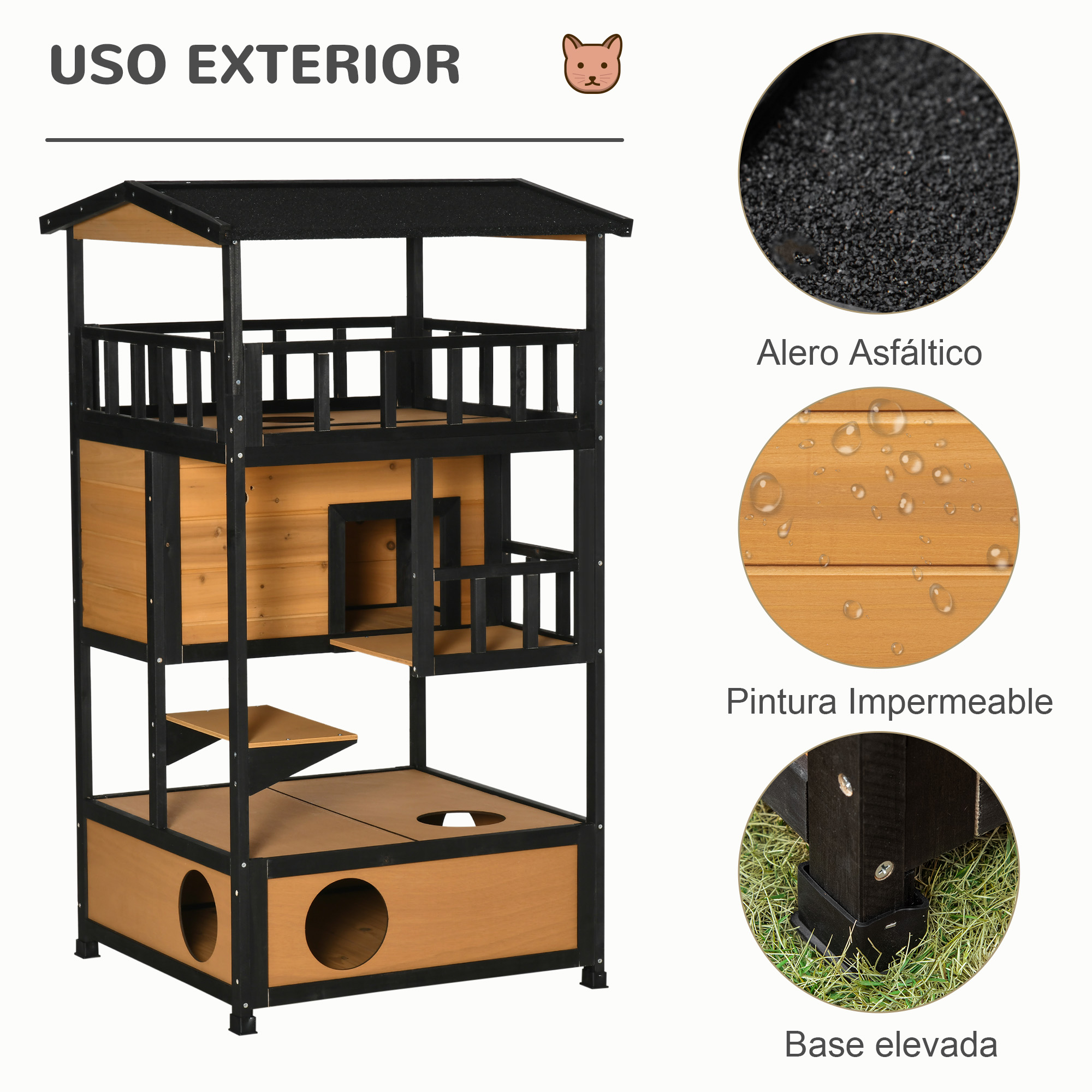 Una casa para gatos de madera de varios niveles con molduras, techo y barandillas negras, sobre césped. Características: techo asfáltico, pintura impermeable y base elevada.