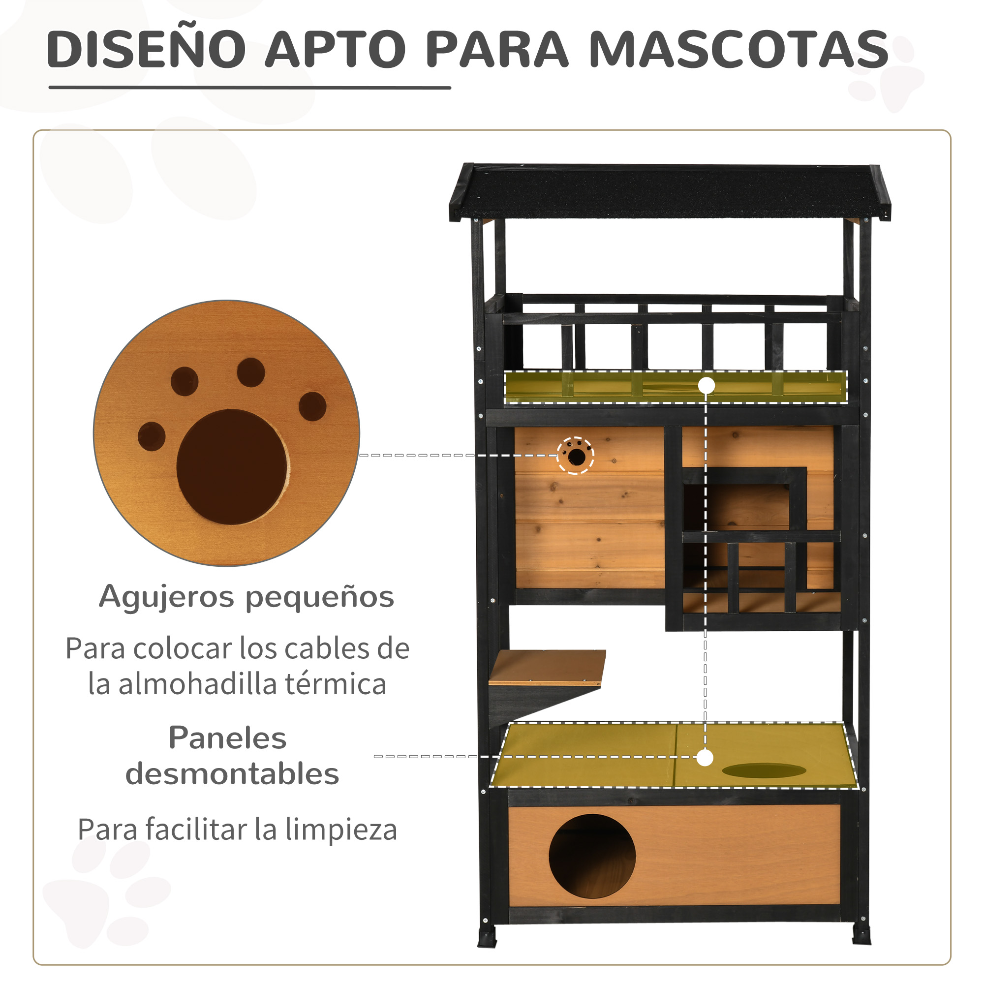 Una casa para gatos con múltiples niveles. Incluye un techo negro, paneles de madera y una entrada circular. También hay etiquetas de texto.