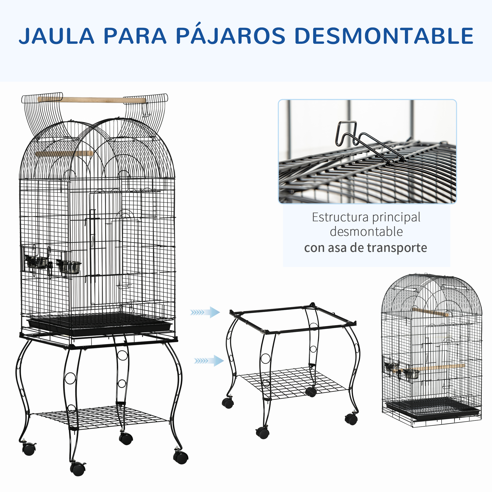 Una jaula negra para pájaros con asa de madera en la parte superior, desmontada mostrando sus componentes y estructura.