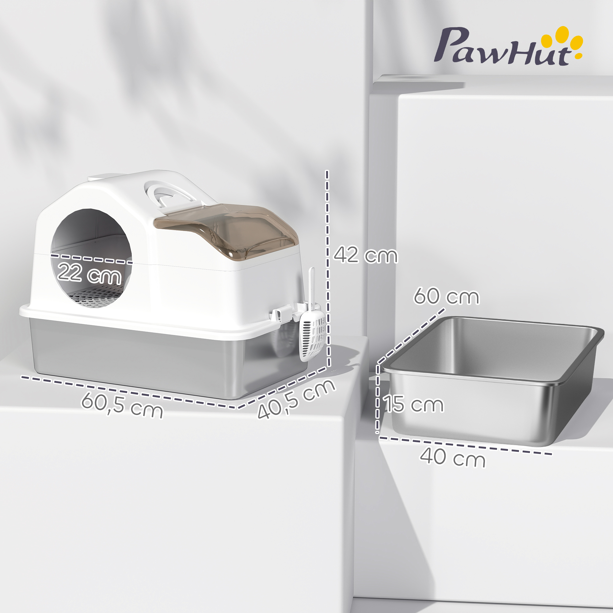 Una caja de arena para gatos con dimensiones indicadas. Incluye una caja con capucha y una bandeja abierta separada.