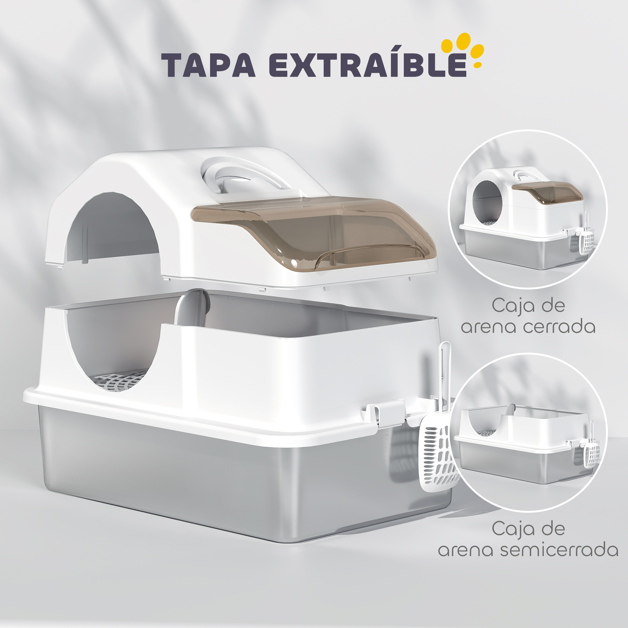 Una caja de arena blanca y gris para gatos con tapa extraíble, que se muestra desmontada y ensamblada con dos vistas adicionales.