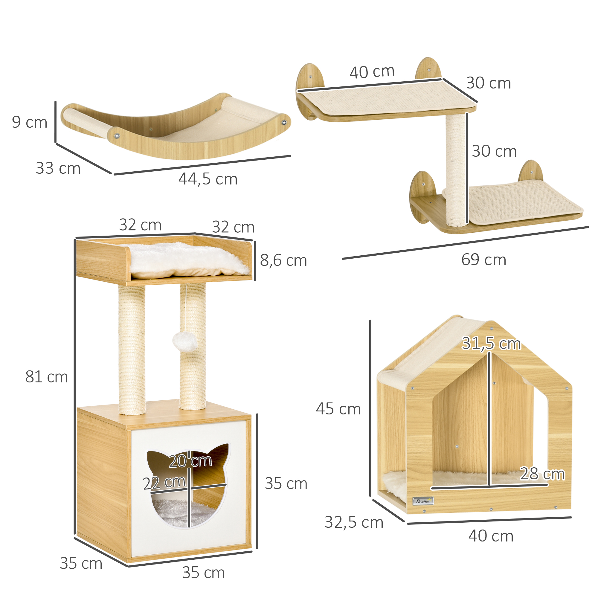 Juego de muebles para gatos: una hamaca, dos plataformas, un árbol para gatos con una casa en forma de cubo y una cama.