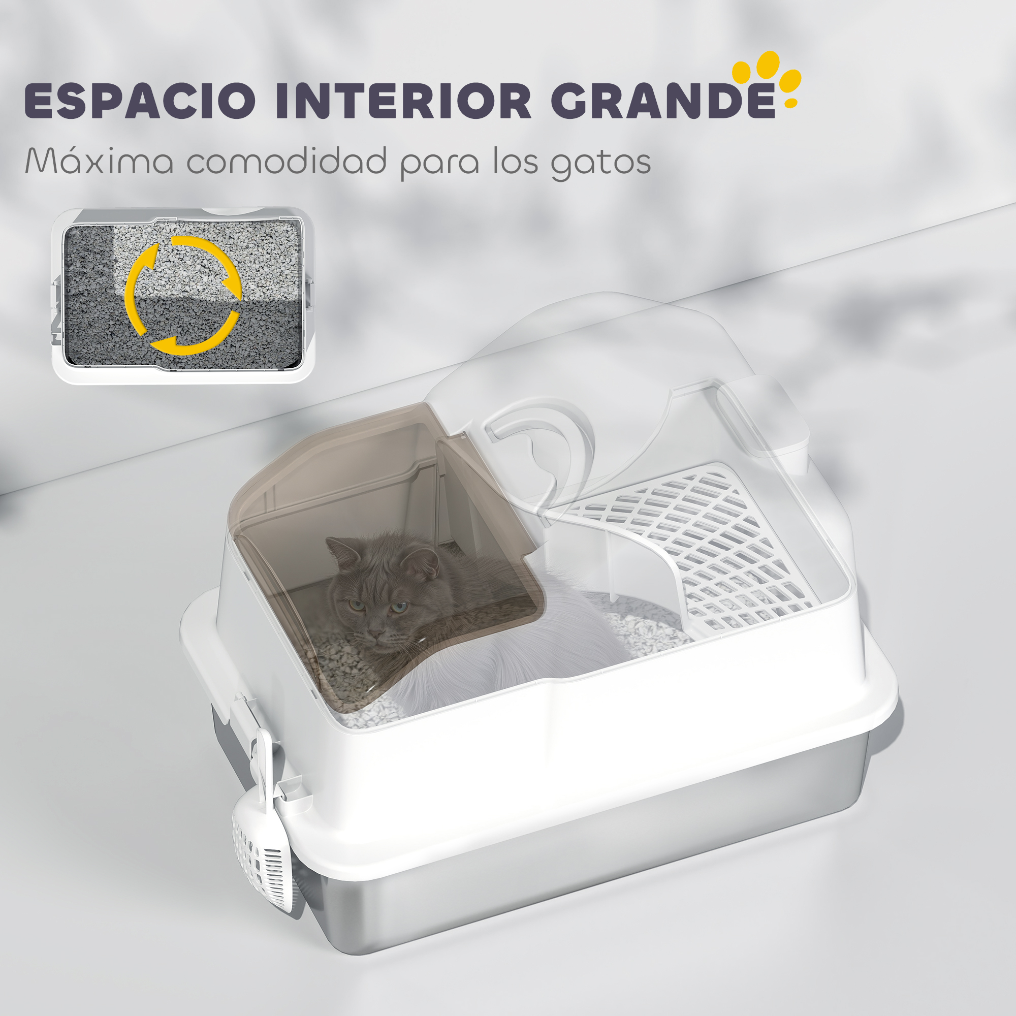 Un gato en una caja de arena. La caja es blanca con base gris. El texto dice 'Espacio interior' y 'Máximo confort para gatos'.