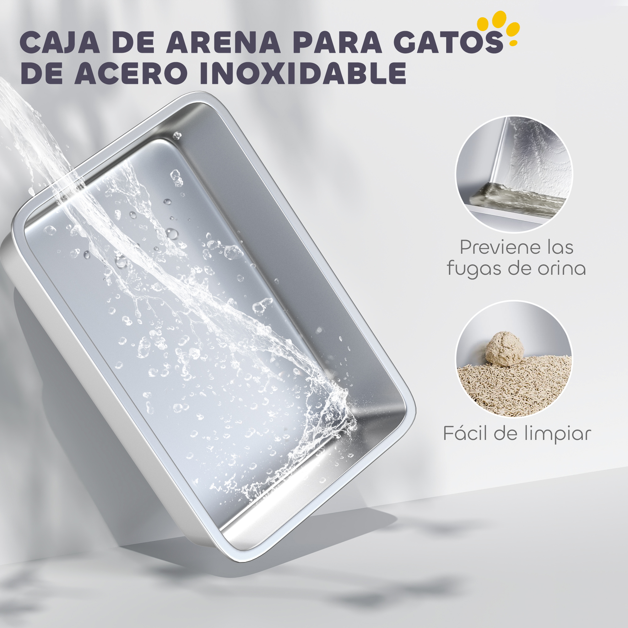 Arenero para gatos de acero inoxidable con agua vertiéndose. Se muestran detalles sobre la prevención de fugas y la fácil limpieza.