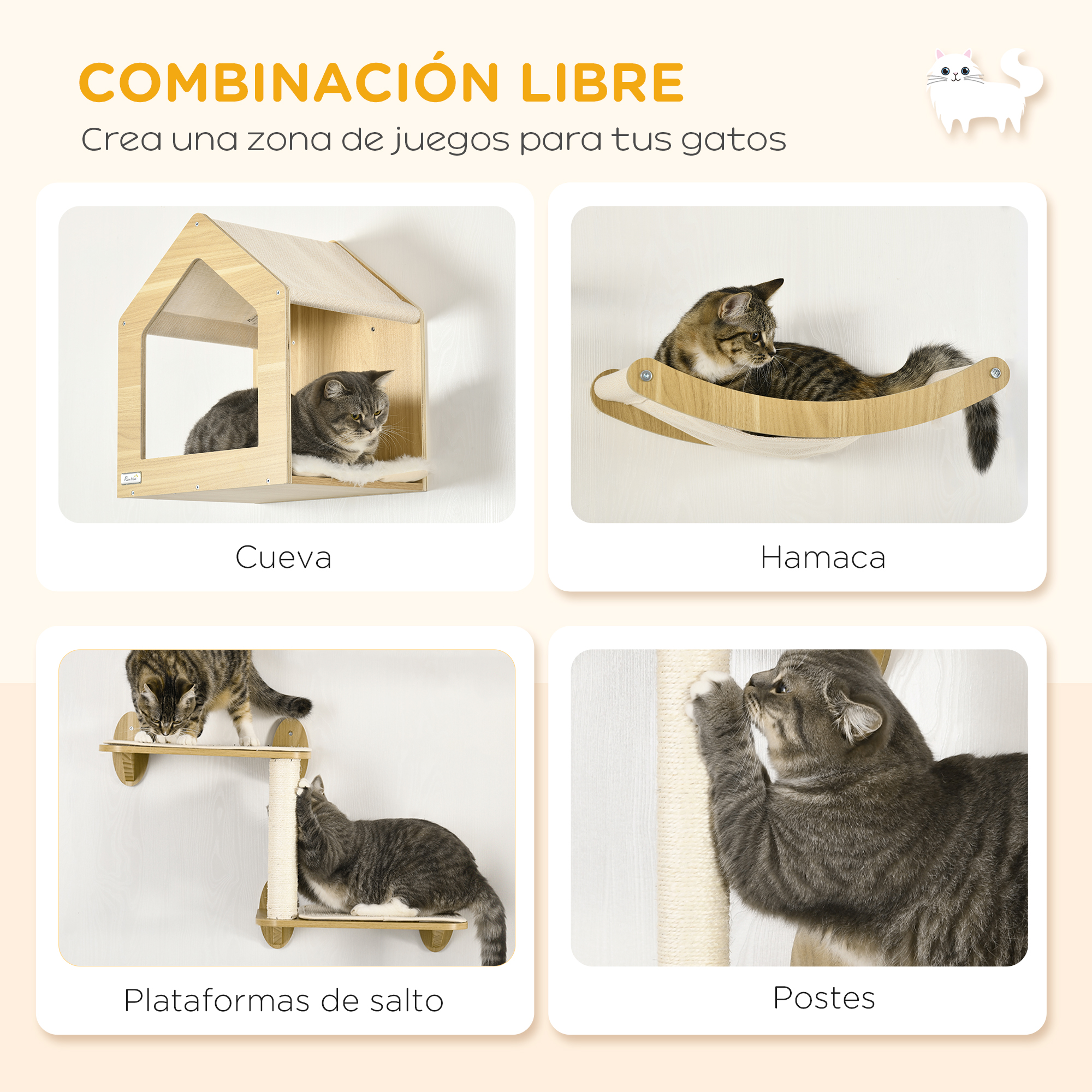 La imagen muestra muebles para gatos: una casa, una hamaca, plataformas para trepar y postes rascadores. Los gatos están descansando y jugando en ellos.