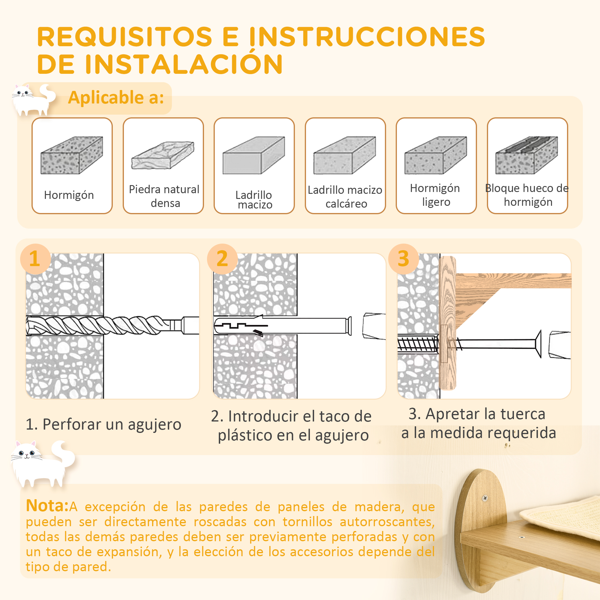 Instrucciones de instalación, incluyendo perforar un agujero, insertar un taco de plástico y apretar una tuerca. Se muestran varios tipos de pared.