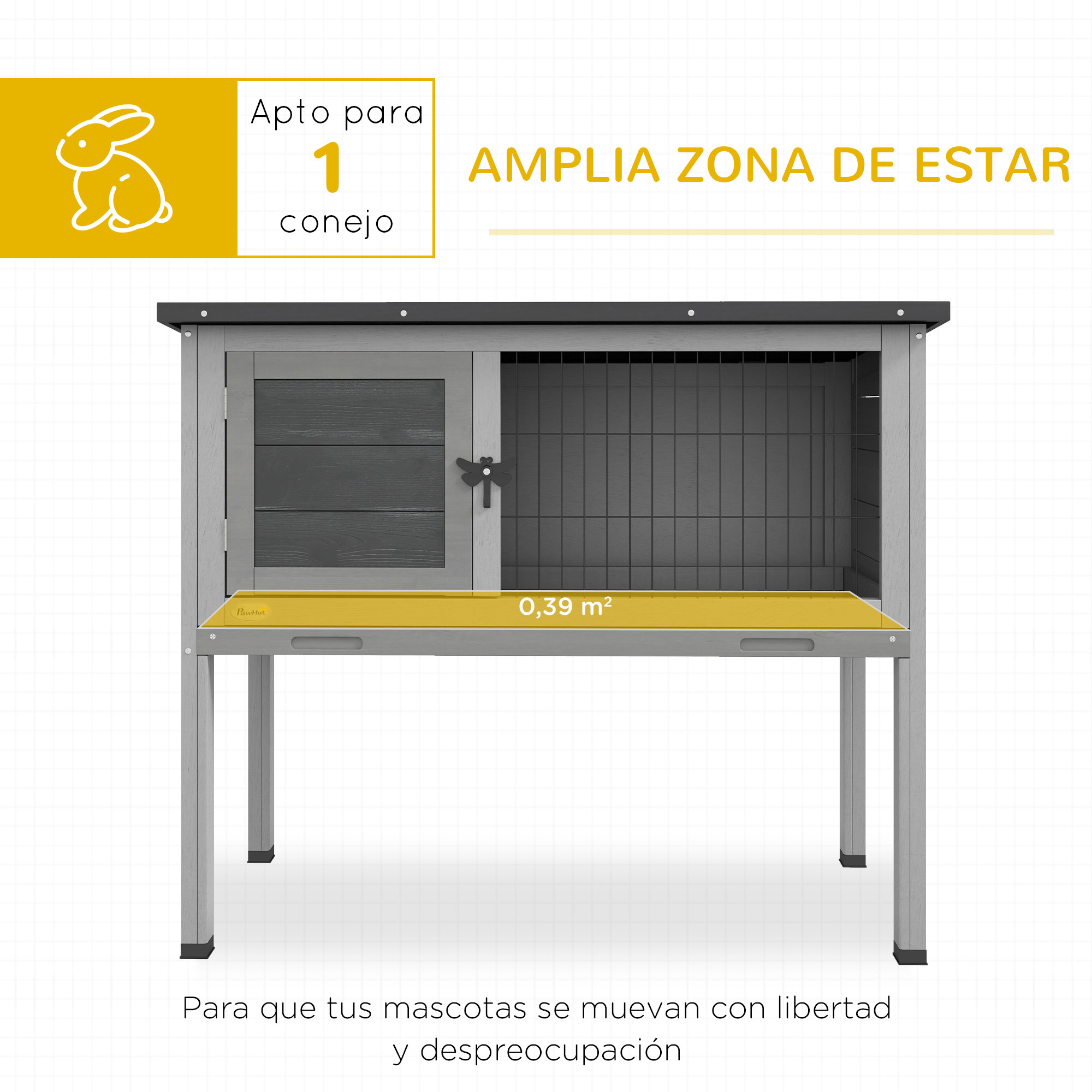 Una conejera con puerta de madera y malla metálica. La conejera es gris con detalles amarillos y tiene patas.
