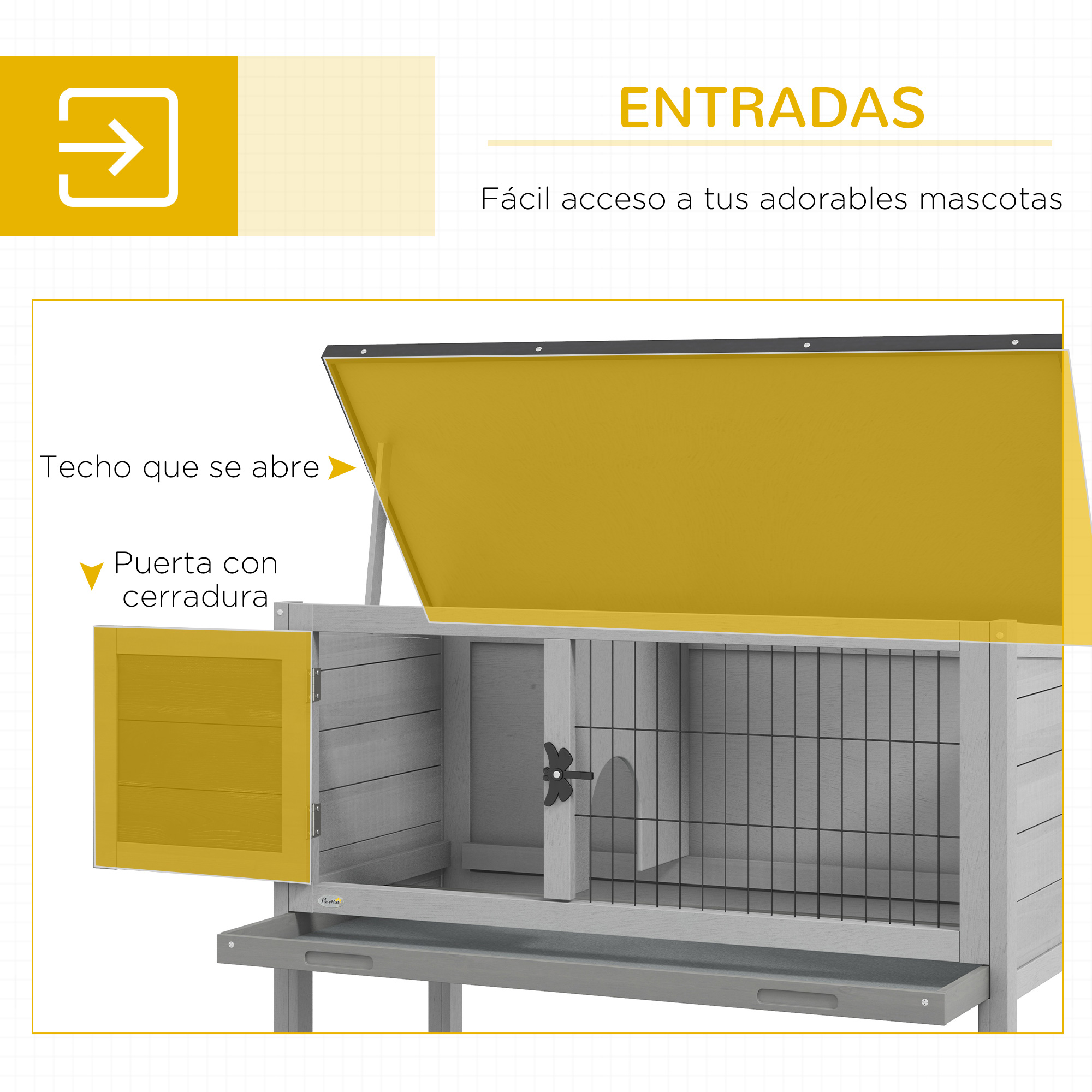 Jaula de madera para mascotas con techo y puerta amarillos abiertos. Marco gris, malla de alambre negra. Texto: Entradas, Fácil acceso a tus mascotas.