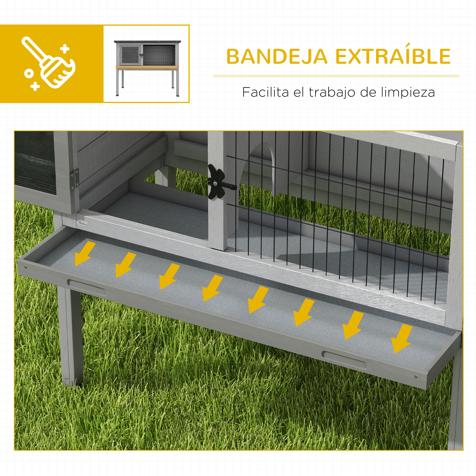 Una conejera gris con bandeja extraíble, sobre hierba verde. Flechas amarillas apuntan a la bandeja. El texto dice 'Fácil de limpiar'.