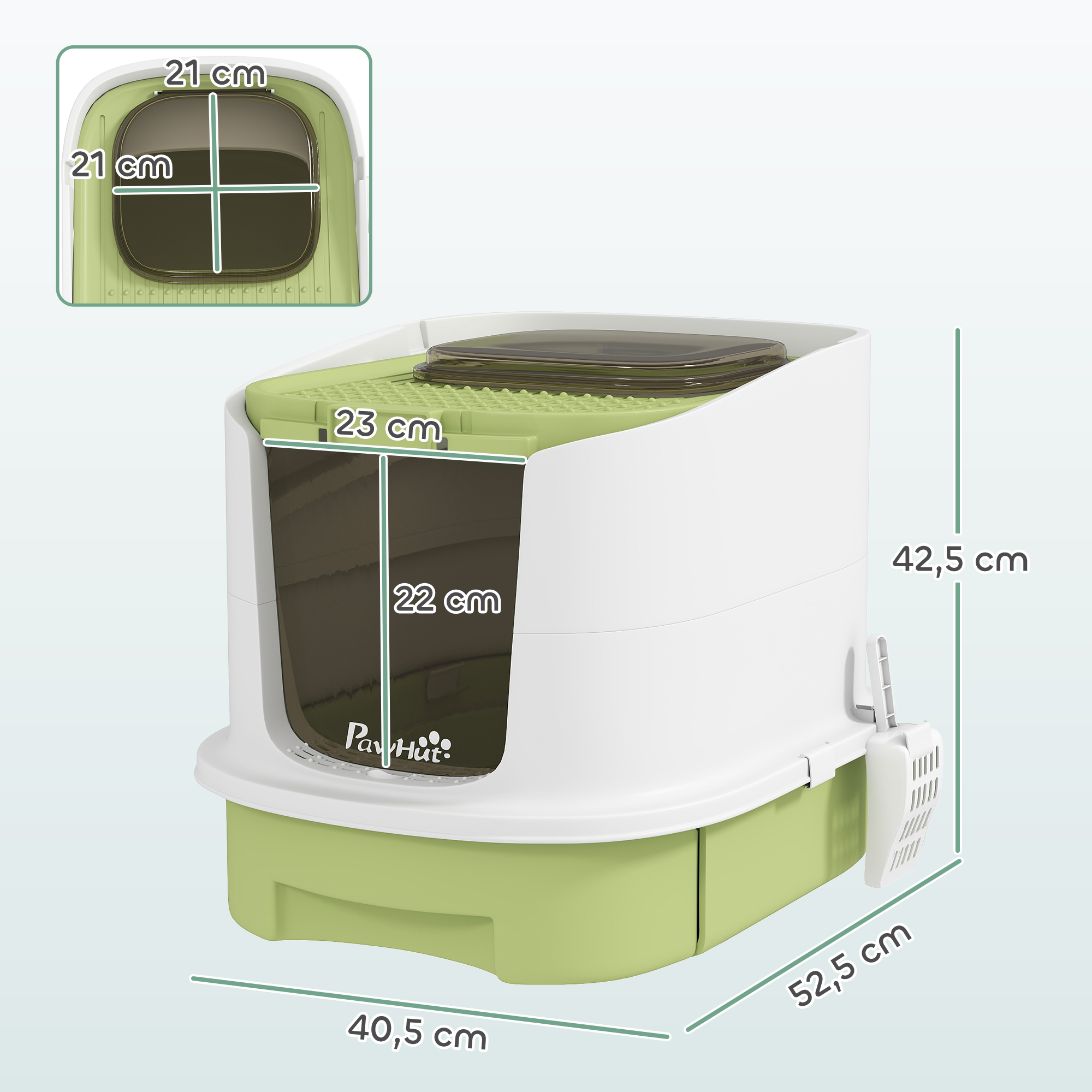 Una caja de arena blanca y verde con medidas. La caja tiene una puerta, una parte superior y una bandeja extraíble.