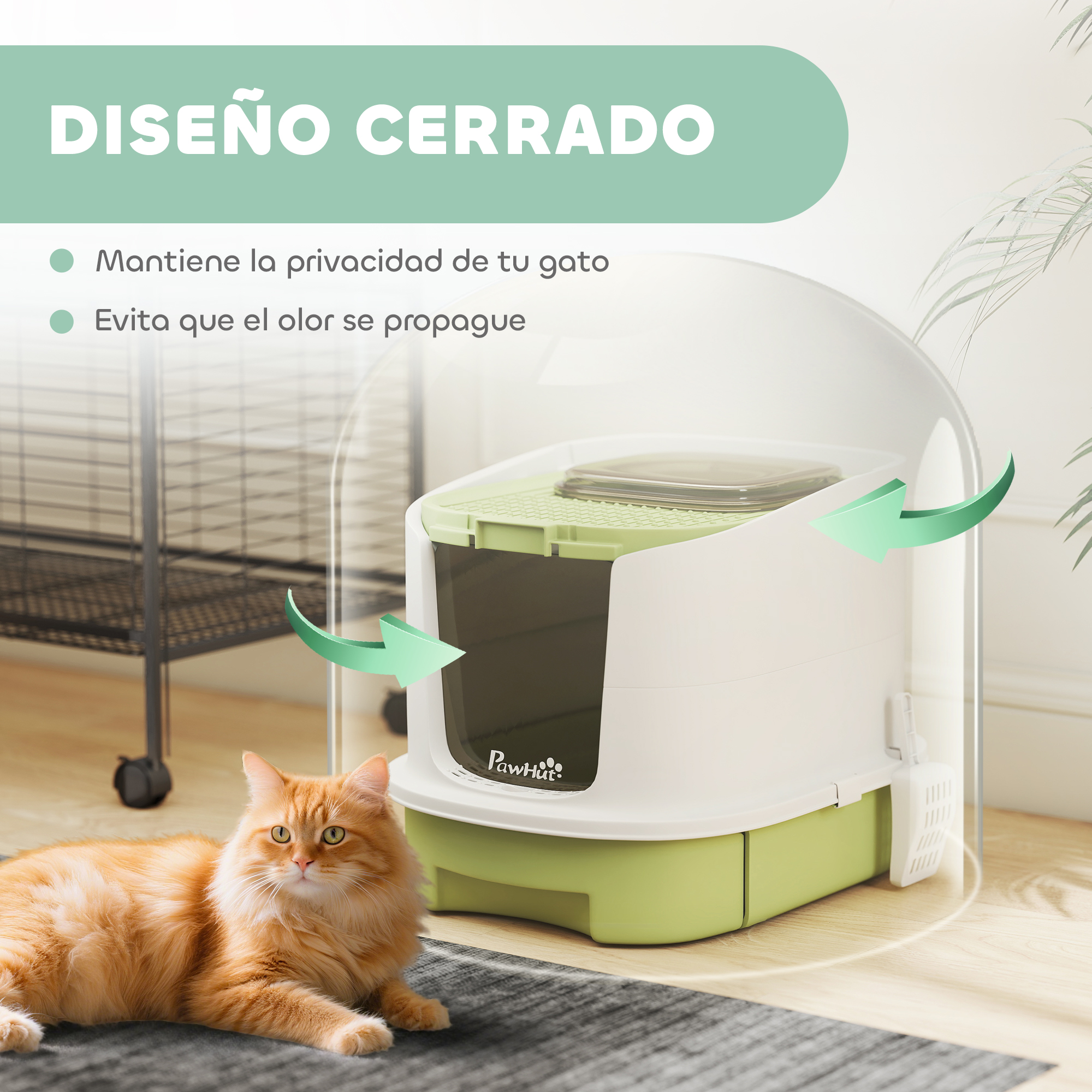 Un gato naranja yace cerca de una caja de arena cerrada blanca y verde. La caja tiene una cúpula transparente.