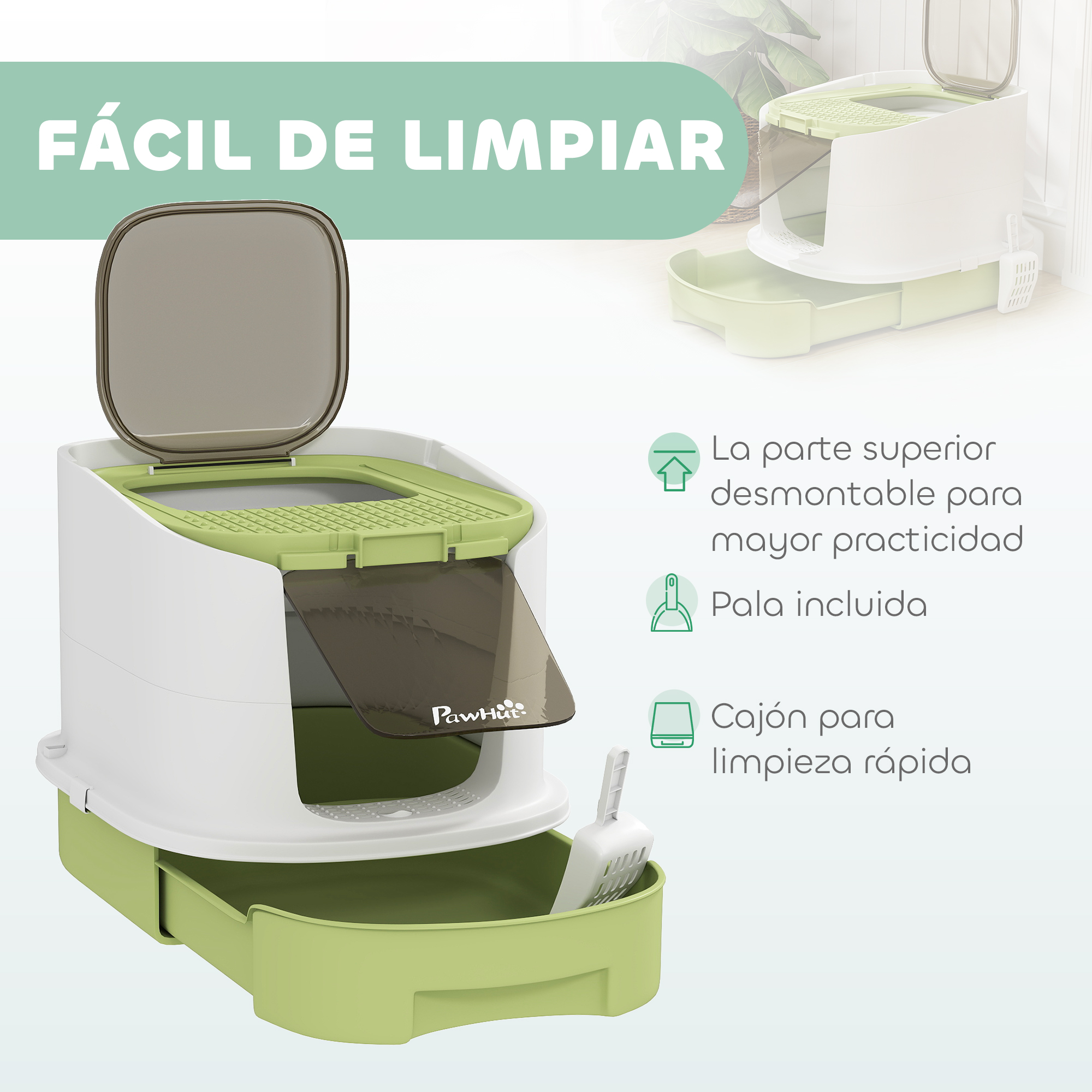 Un arenero blanco y verde con tapa extraíble, una pala y un cajón para una limpieza rápida.