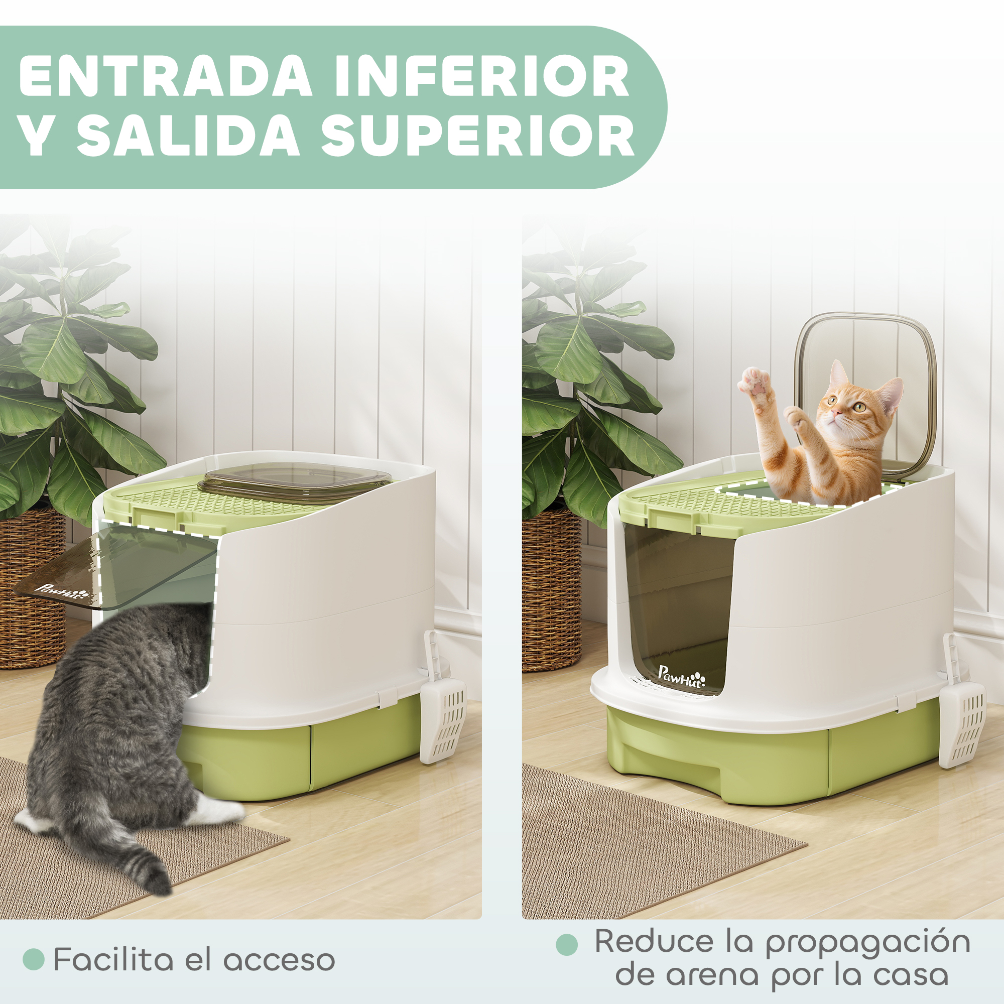 Dos areneros para gatos. Uno con un gato gris entrando, el otro con un gato naranja dentro. Texto: Entrada inferior y salida superior.