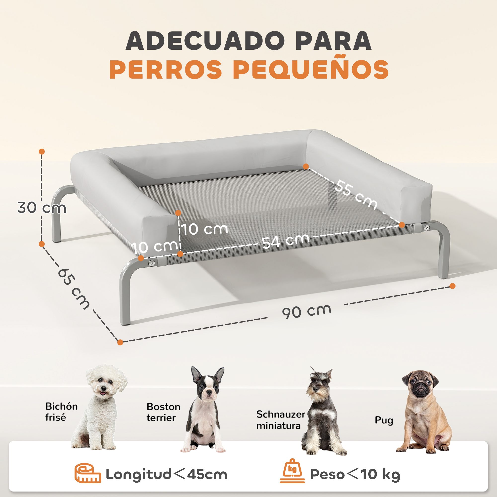 Una cama para perros gris con medidas, texto 'ADEUADO PARA PERROS PEQUEÑOS' e imágenes de cuatro razas: Bichón Frisé, Boston Terrier, Schnauzer miniatura y Pug.