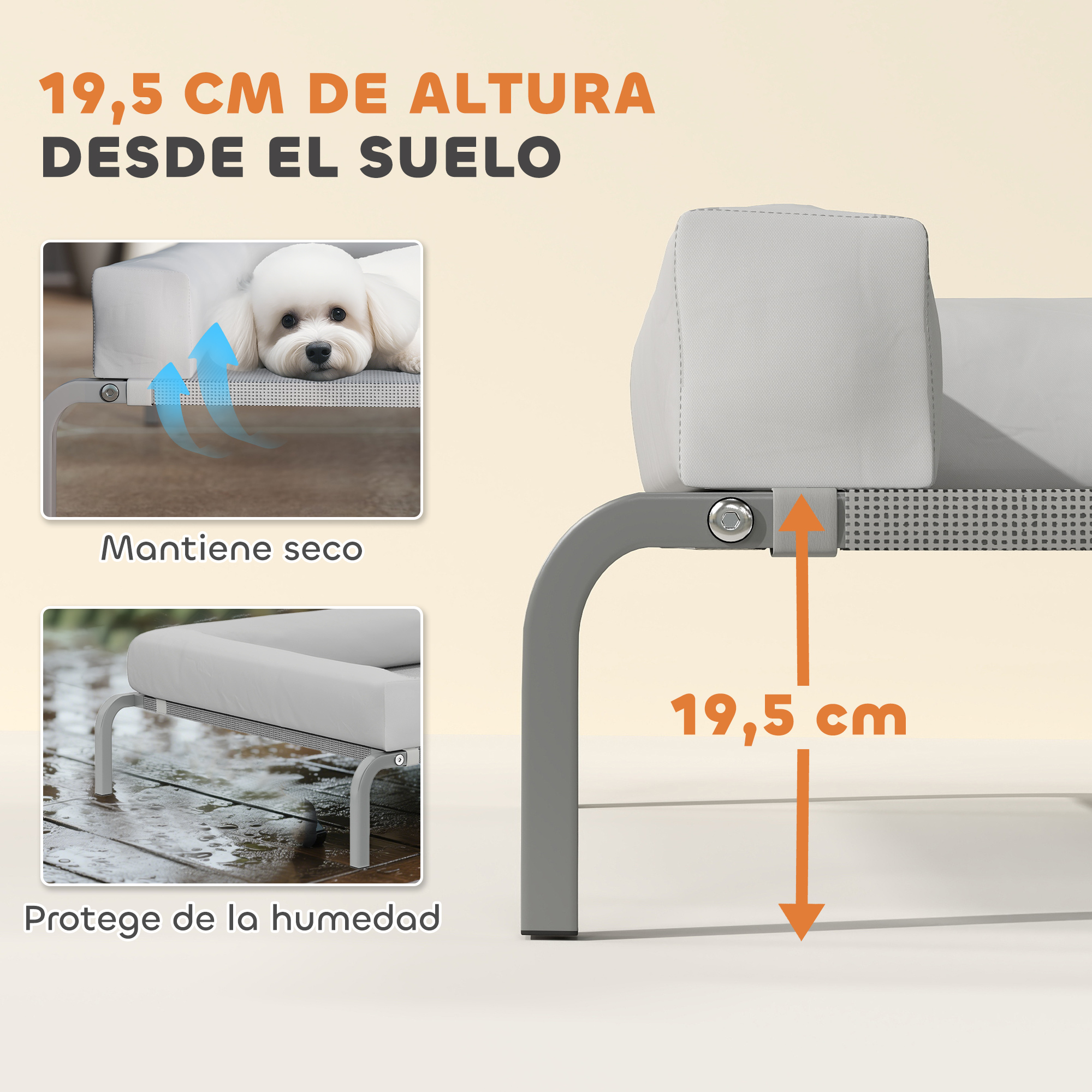 Cama para perros con perro blanco, texto que muestra 19,5 cm de altura. Tiene estructura metálica y es resistente a la humedad.