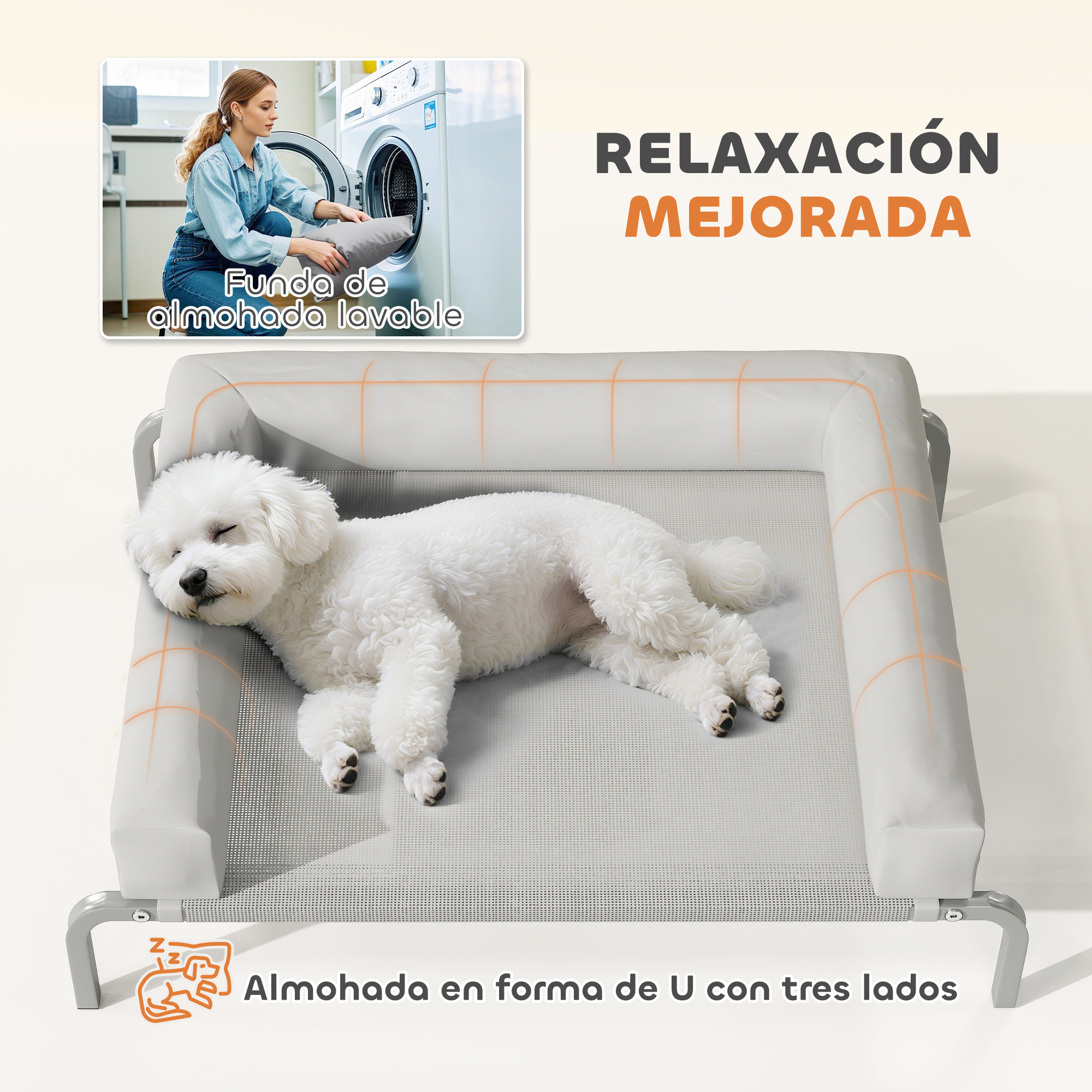 Un perro blanco duerme en una cama para perros. Una imagen muestra a una mujer lavando una funda de almohada. La cama tiene forma de U con 3 lados.