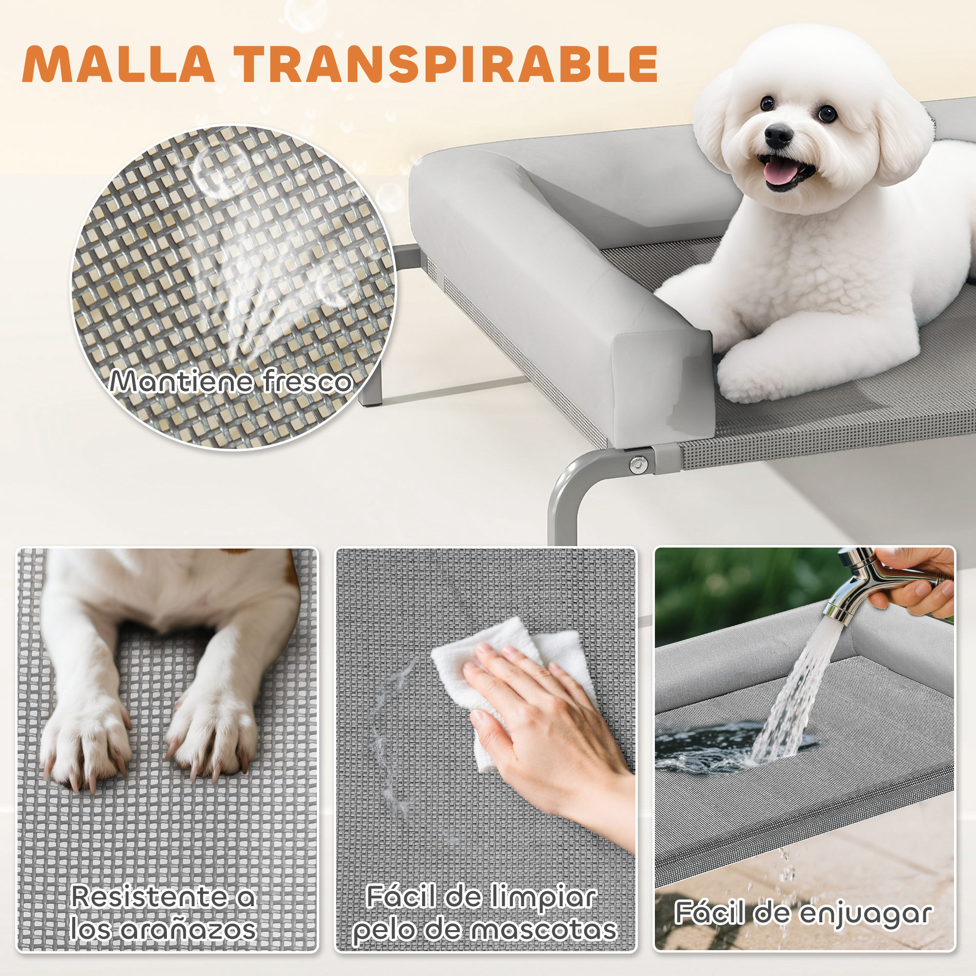 Un perro blanco está sentado en una cama gris para perros. La cama tiene malla, manteniendo fresco al perro. El texto indica que es resistente a los arañazos y fácil de limpiar.