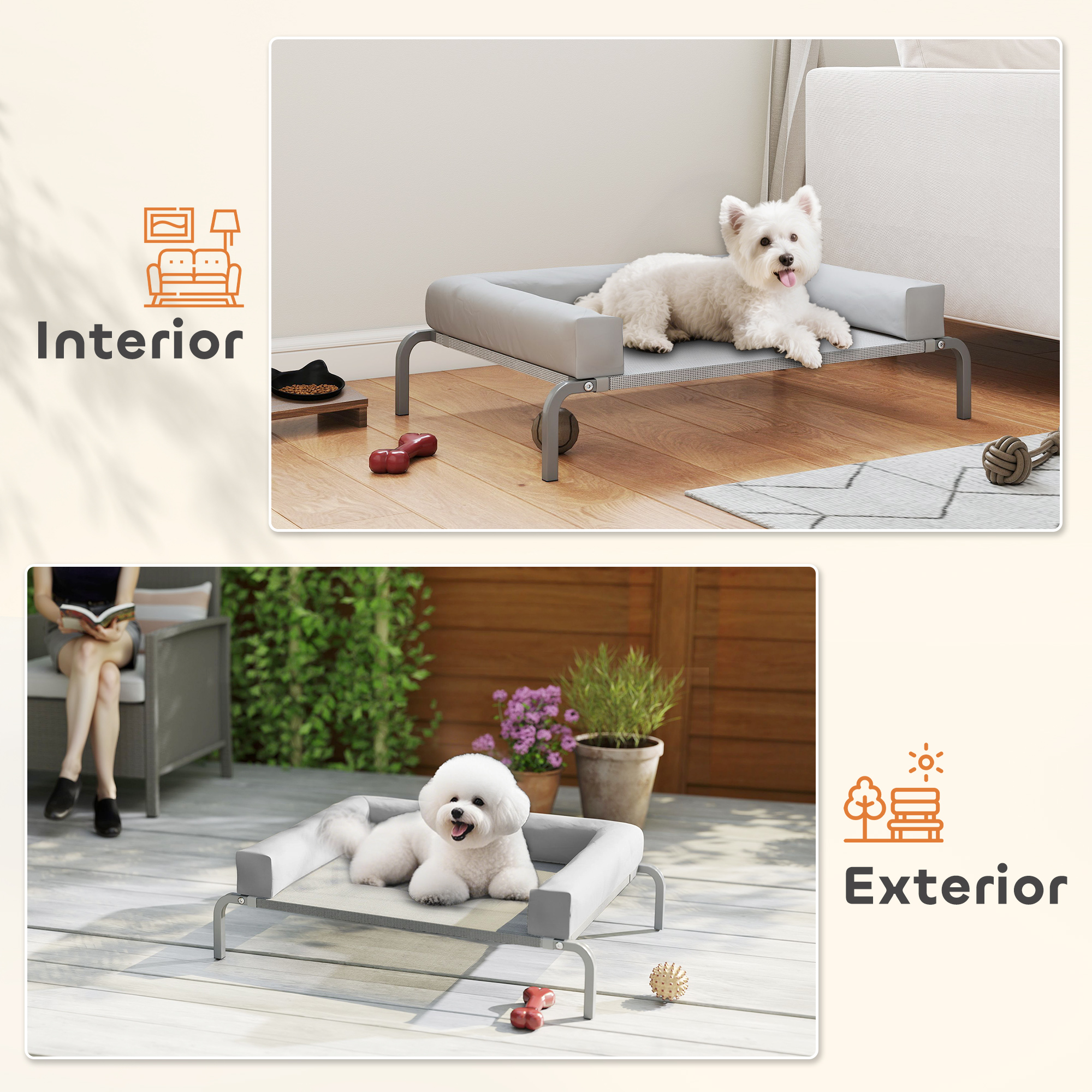 Un perro blanco descansa sobre una cama gris elevada. El fondo muestra un interior con un sofá y un exterior con una persona y plantas.