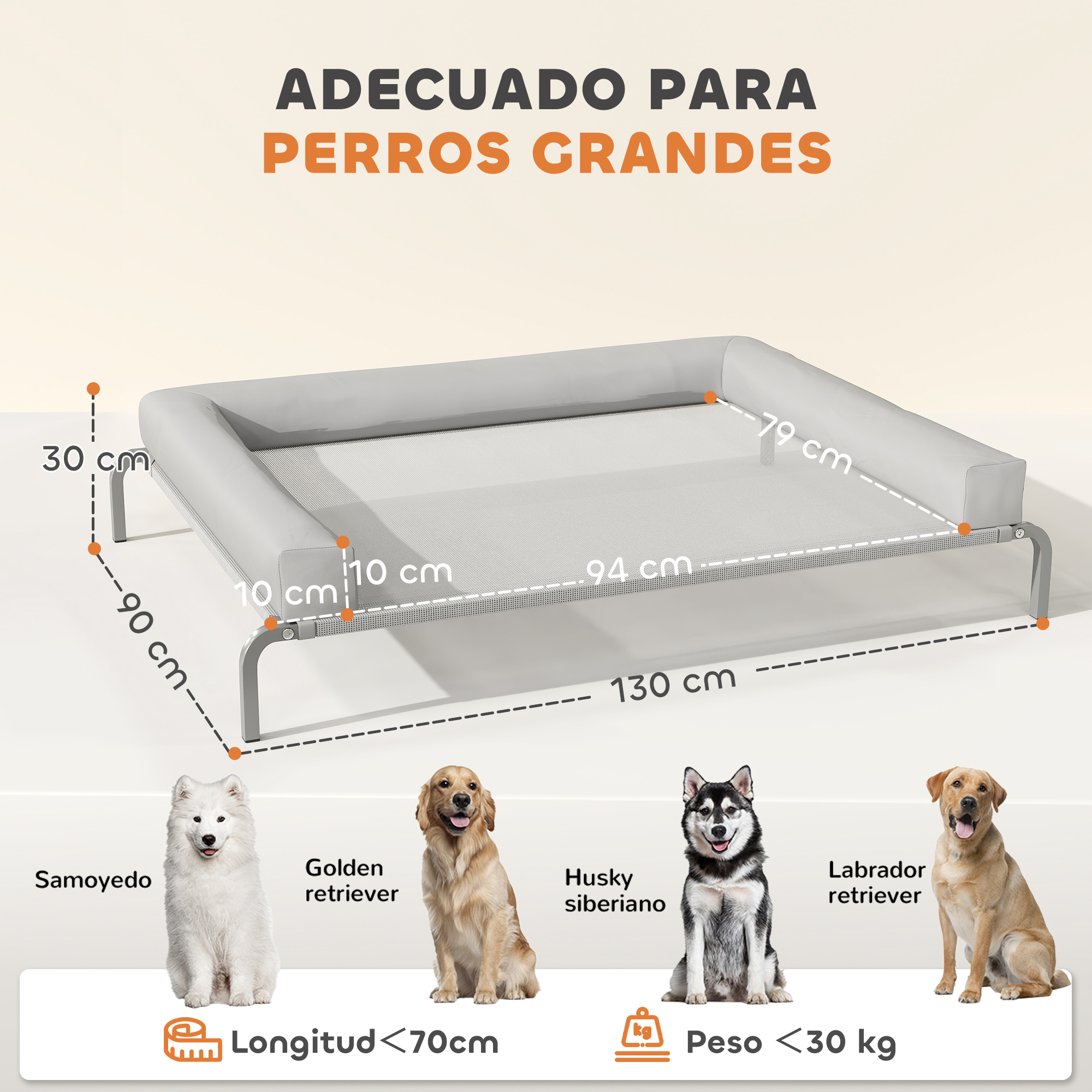 Anuncio de una cama para perros. Muestra una cama con dimensiones e imágenes de un Samoyedo, Golden Retriever, Husky y Labrador.