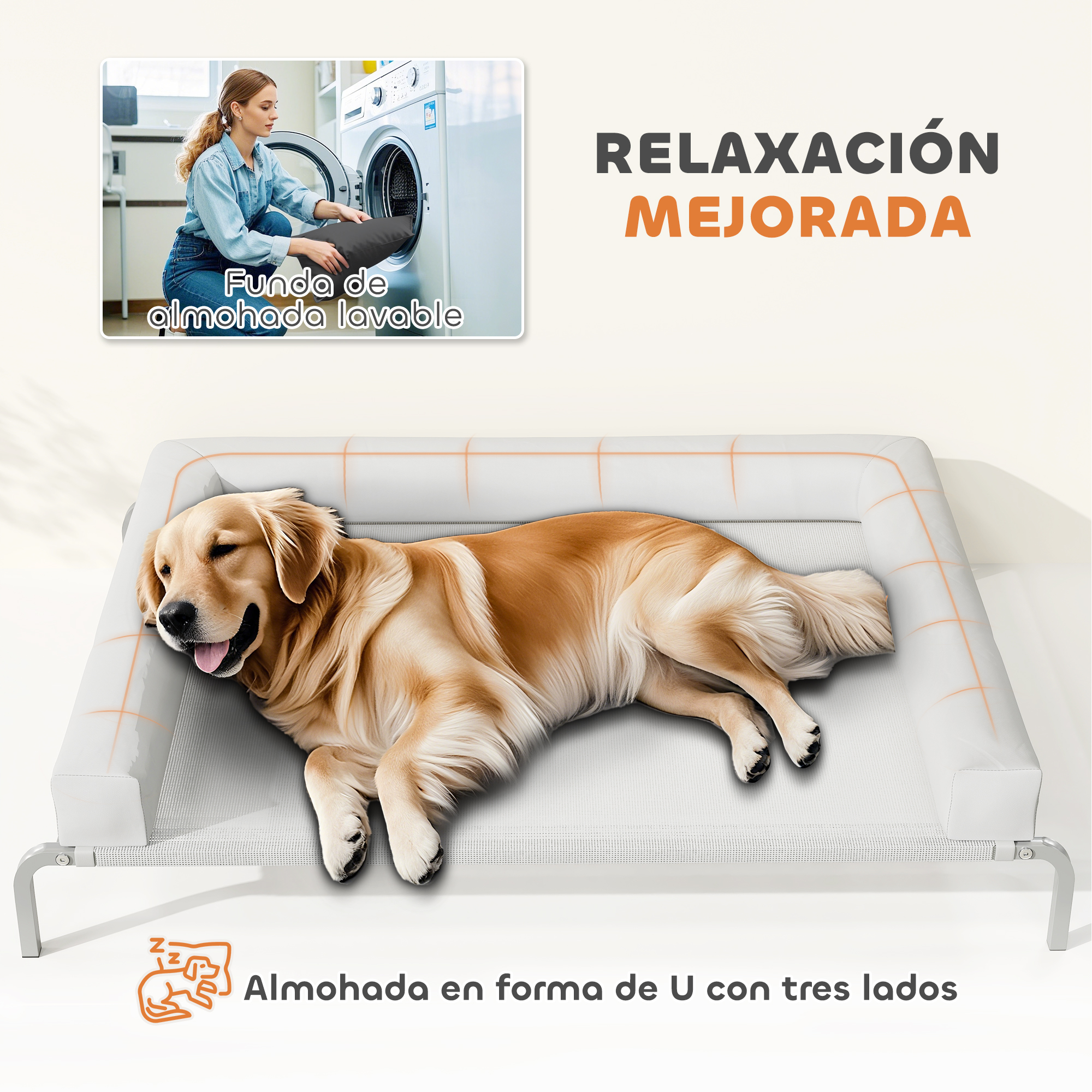 Un golden retriever yace en una cama blanca para perros. La imagen incluye texto sobre una almohada lavable y relajación mejorada.