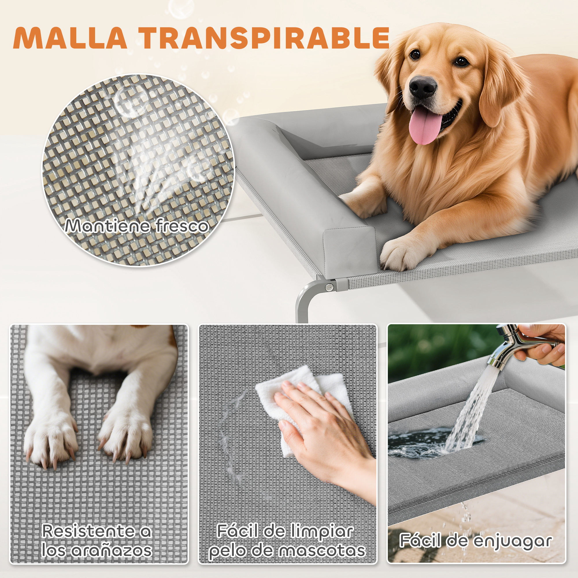 Un golden retriever está en una cama gris. El texto muestra 'Malla Transpirable', 'Resistente a arañazos' y 'Fácil de limpiar'.