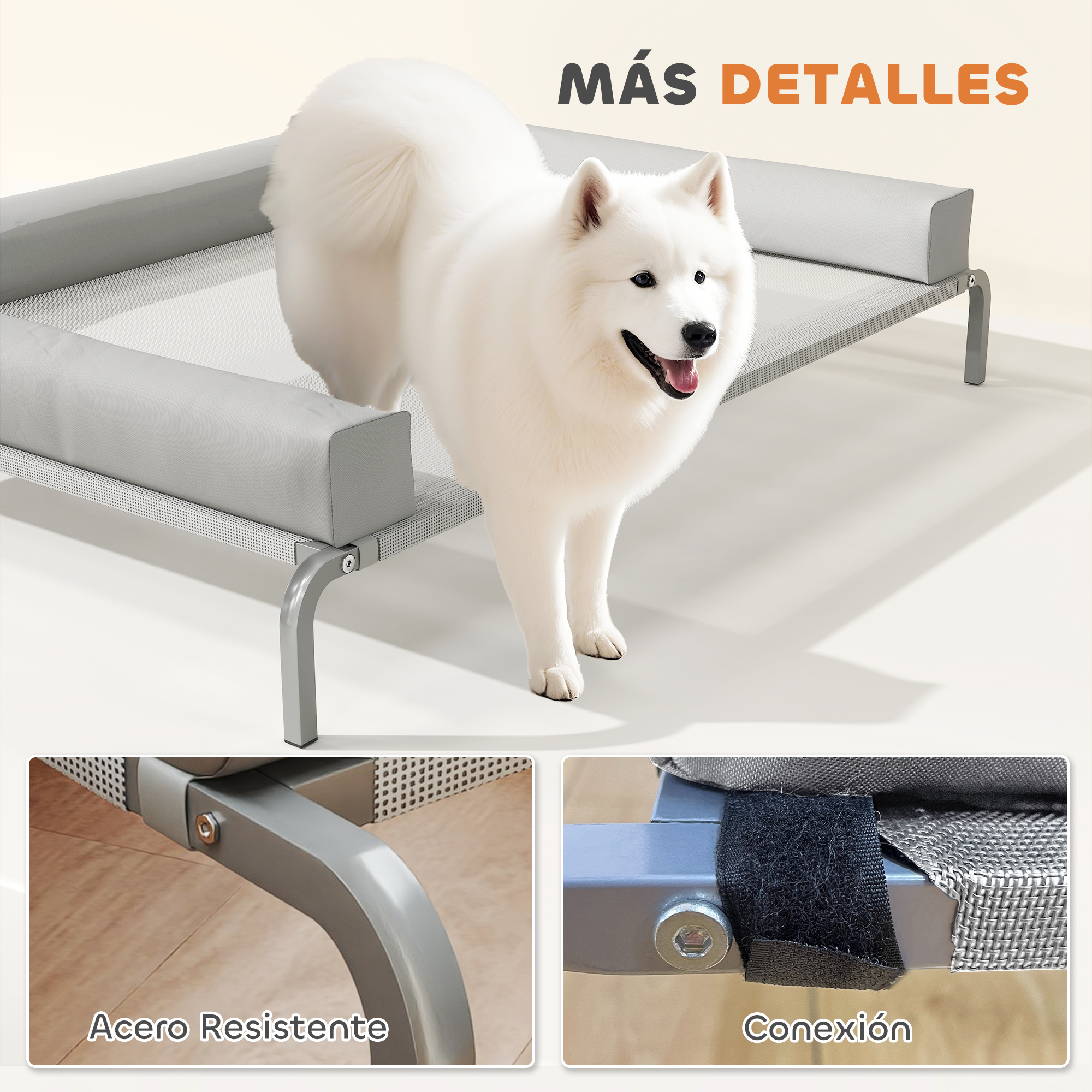 Un perro blanco y esponjoso está sobre una cama gris para perros. La cama tiene refuerzos grises. Detalles muestran acero resistente y puntos de conexión.