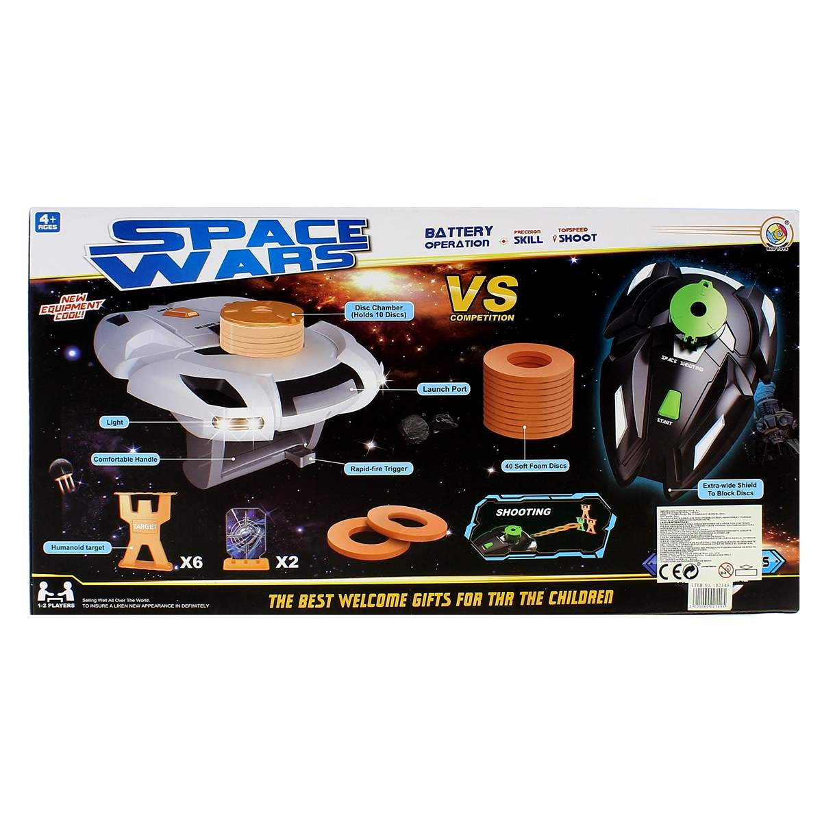 Caja de un juego de Space Wars. Contiene un bláster de juguete, discos y un blanco. El texto incluye 'Funcionamiento con batería', 'Competición' y 'Disparos'.