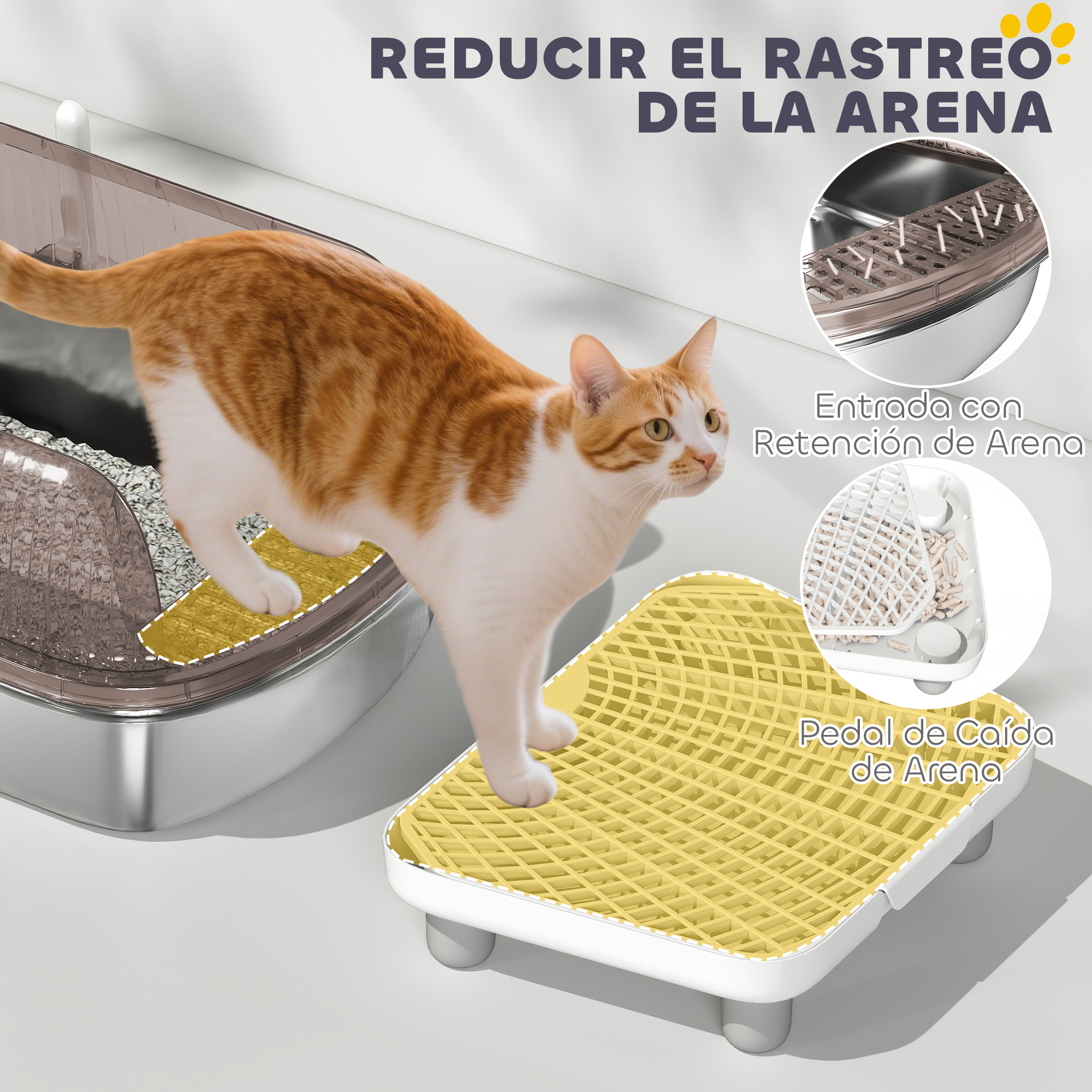 Un gato está sobre una plataforma de rejilla amarilla. La plataforma está cerca de una caja de arena, el texto dice: Reduce el seguimiento de la arena.
