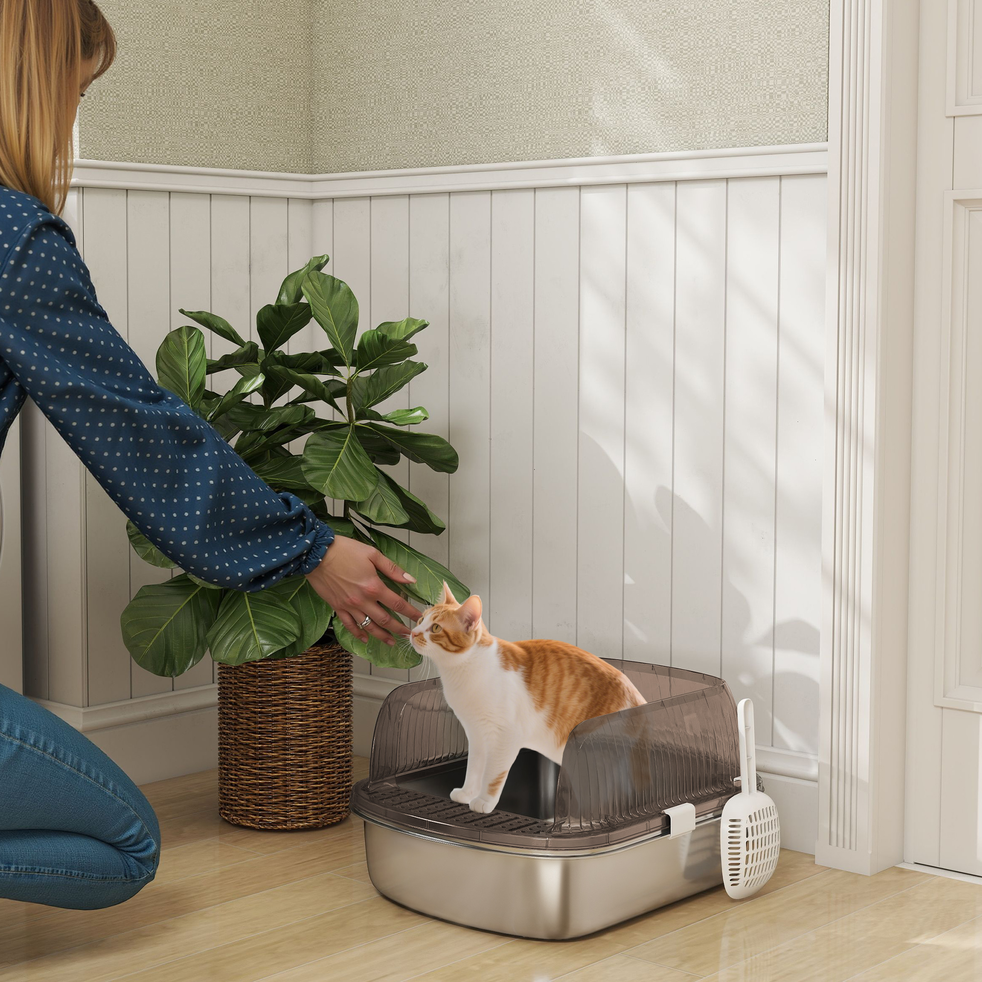 Una mujer se arrodilla para acariciar a un gato en una caja de arena. A la izquierda hay una planta de interior. El fondo tiene paneles y una puerta.