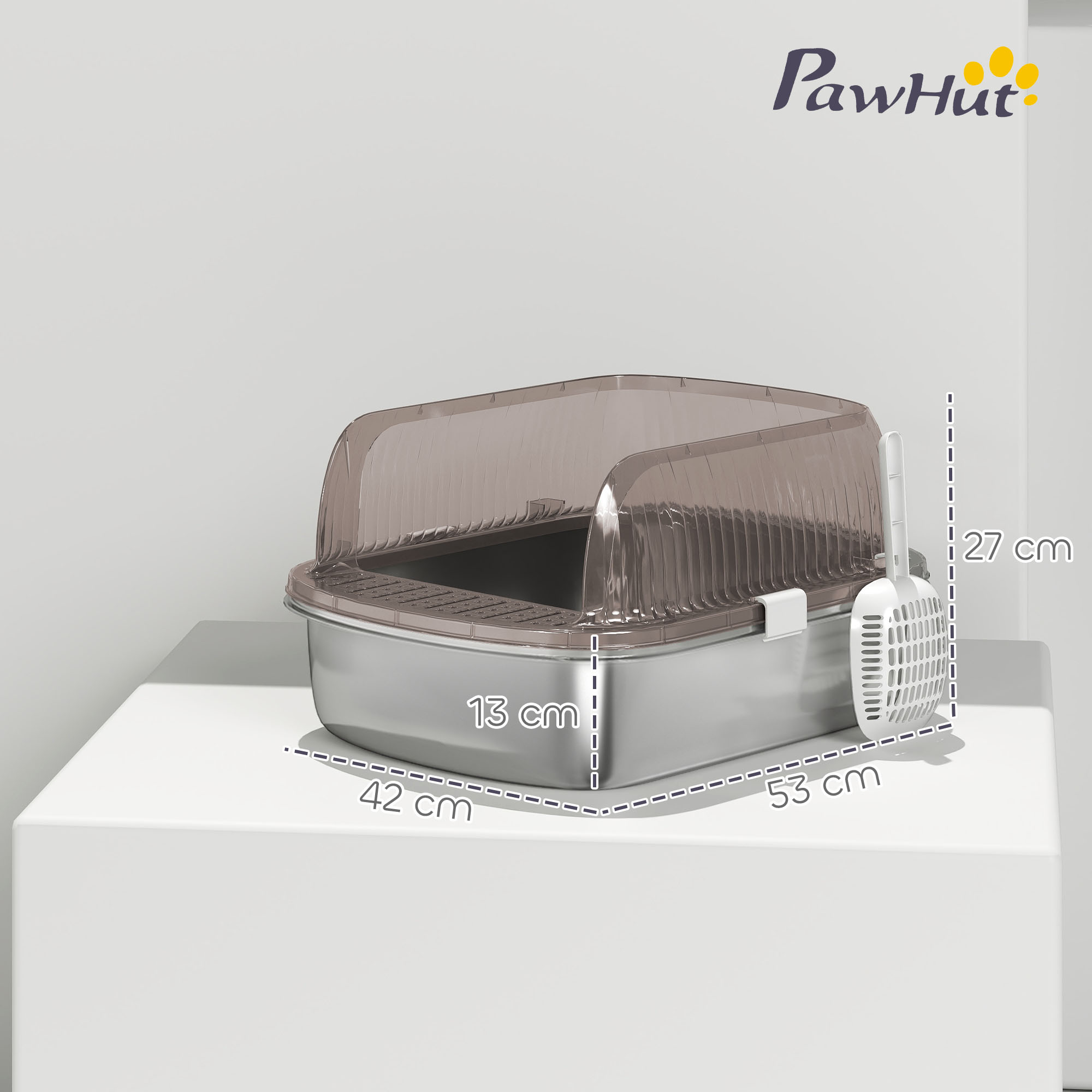 Una caja de arena para gatos con tapa transparente y pala incluida. Dimensiones en cm. Logotipo de la marca visible.