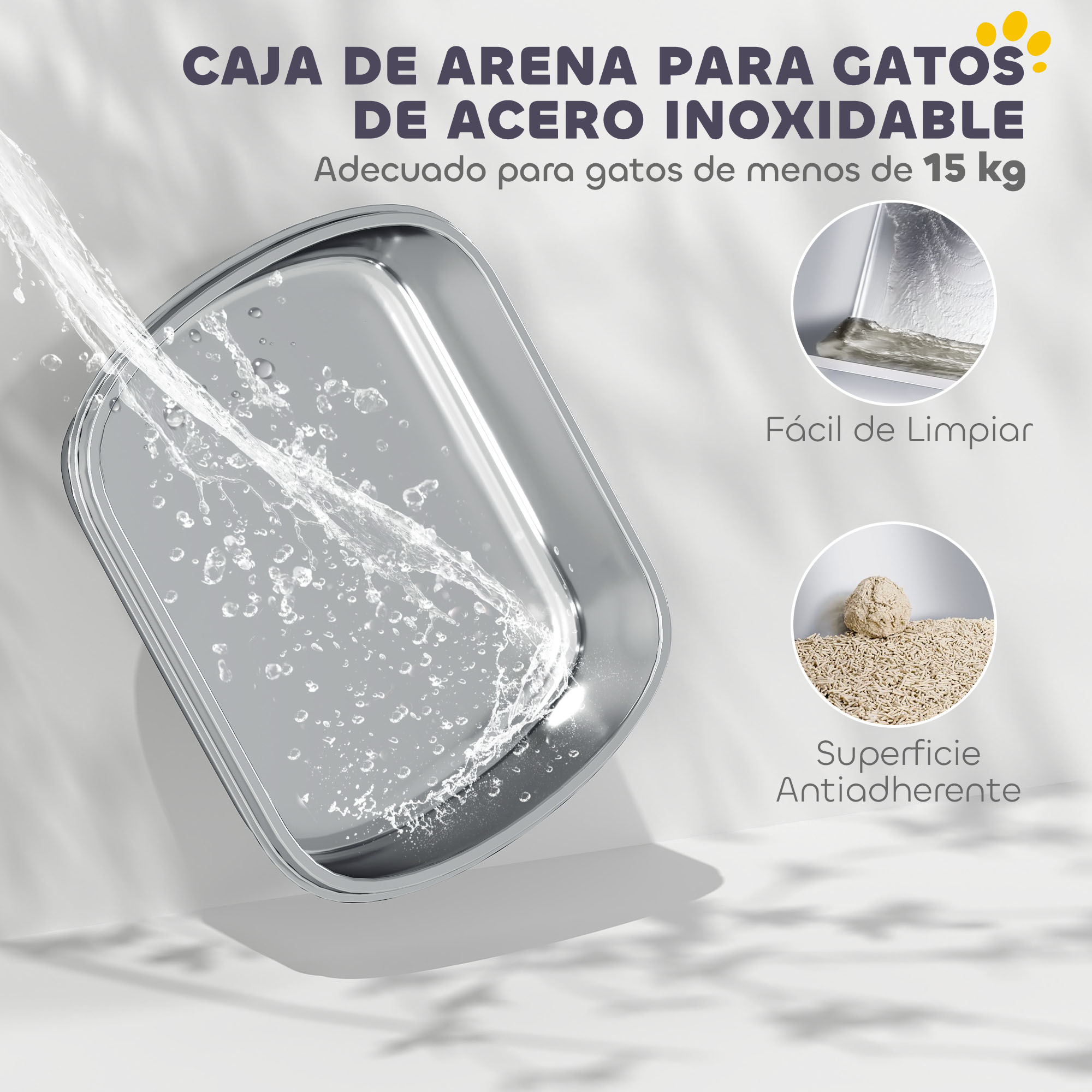 Arenero de acero inoxidable para gatos. El agua se vierte en él. Texto: Fácil de limpiar y superficie antiadherente.