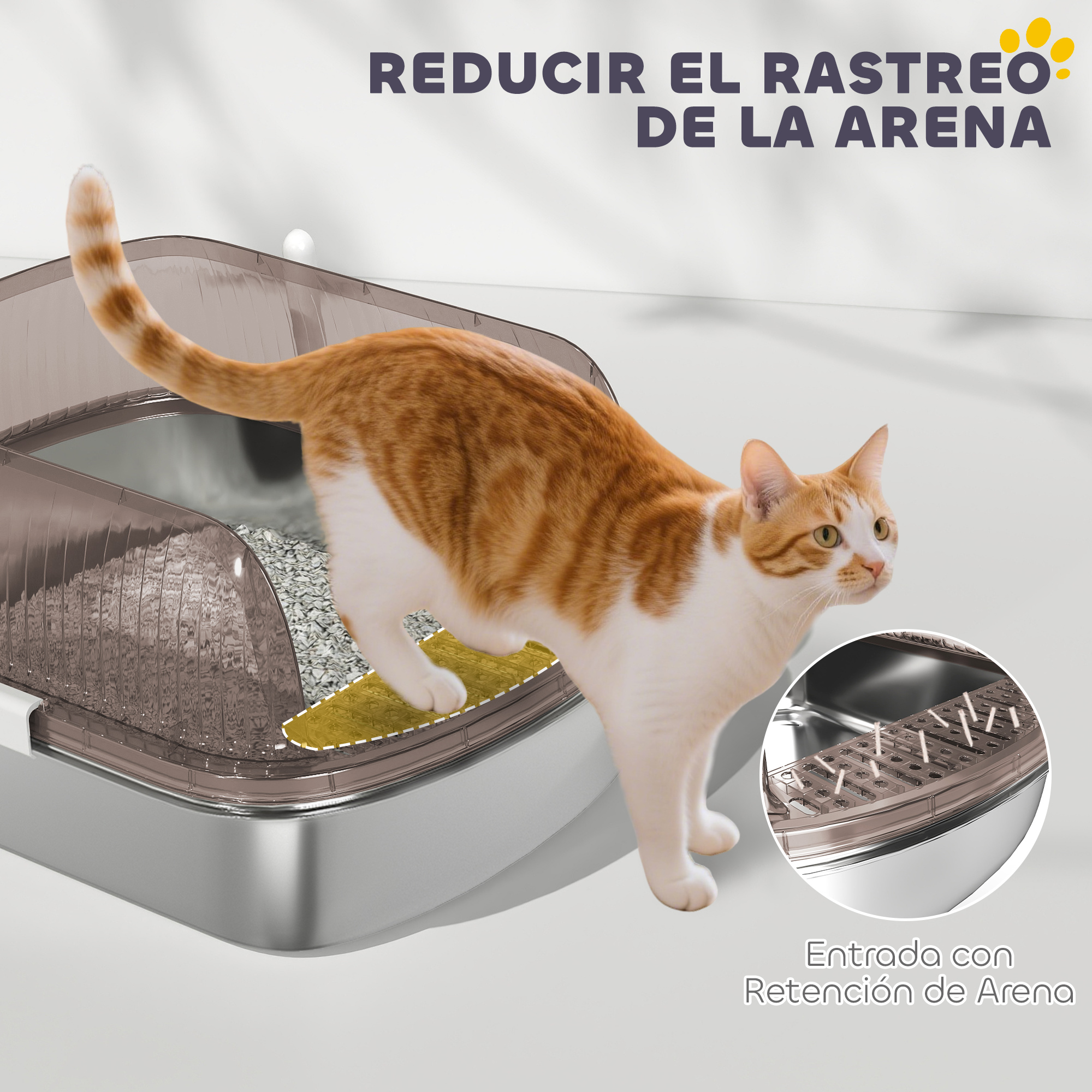 Un gato naranja y blanco sale de una caja de arena. El texto dice 'Reduce el seguimiento de la arena' y 'Entrada con retención de arena'.