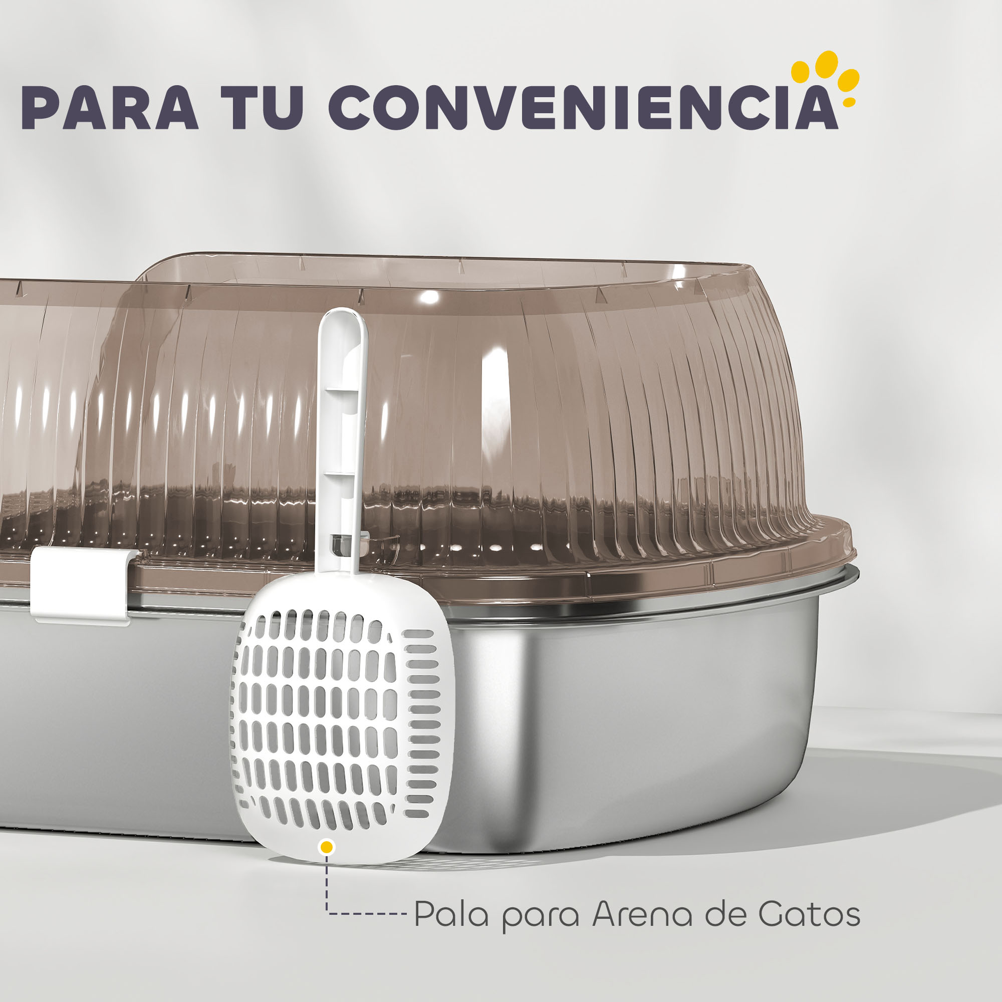Una caja de arena para gatos con una pala. La caja es marrón y plateada. El texto dice: 'Para tu conveniencia.' y 'Pala para Arena de Gatos.'