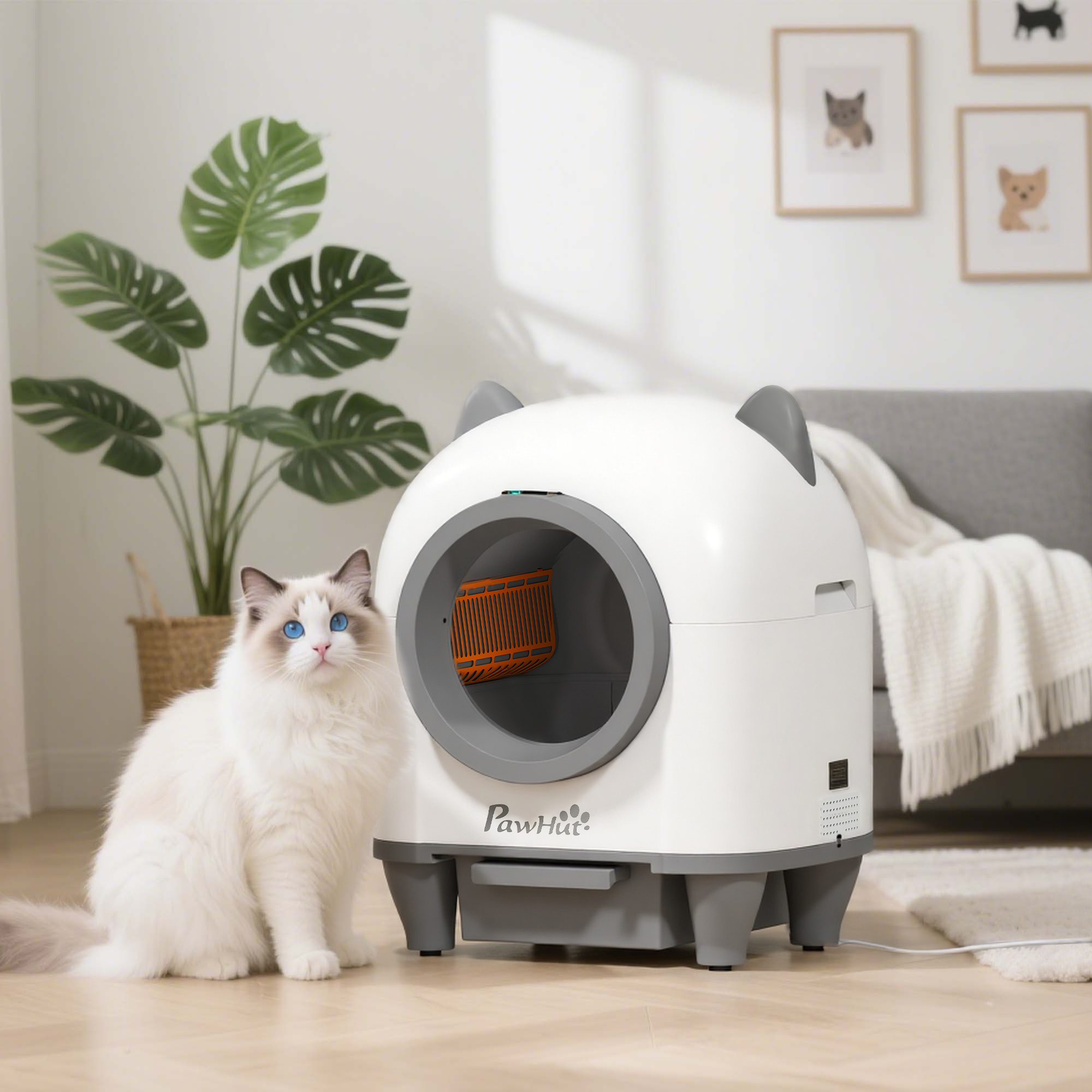 Un gato blanco con ojos azules se sienta cerca de una caja de arena blanca. Una planta y arte de gatos están en el fondo.
