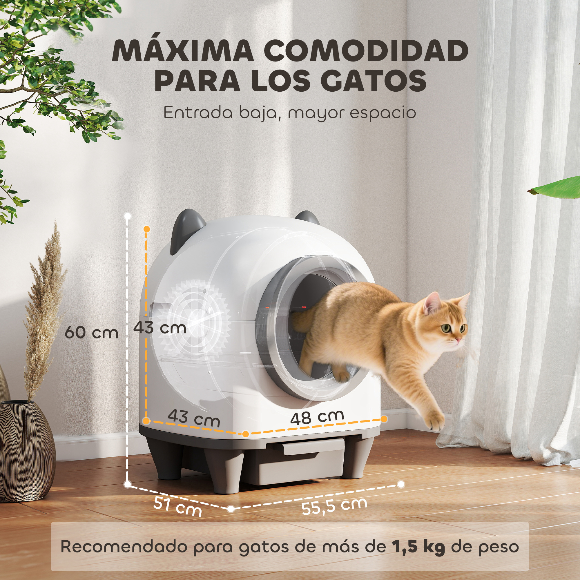 Un gato dorado sale de una caja de arena blanca y autolimpiable. Se muestran las dimensiones. El texto dice 'Máxima comodidad para gatos'.
