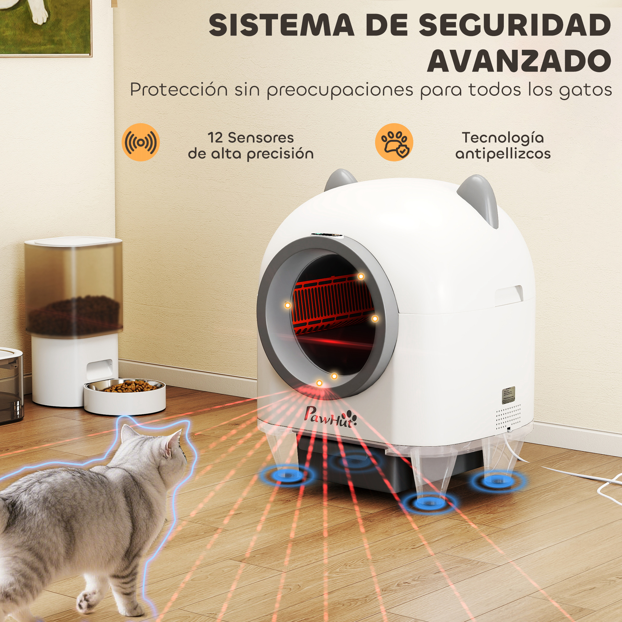 Un arenero blanco con un gato, dispensador de comida y texto en español.