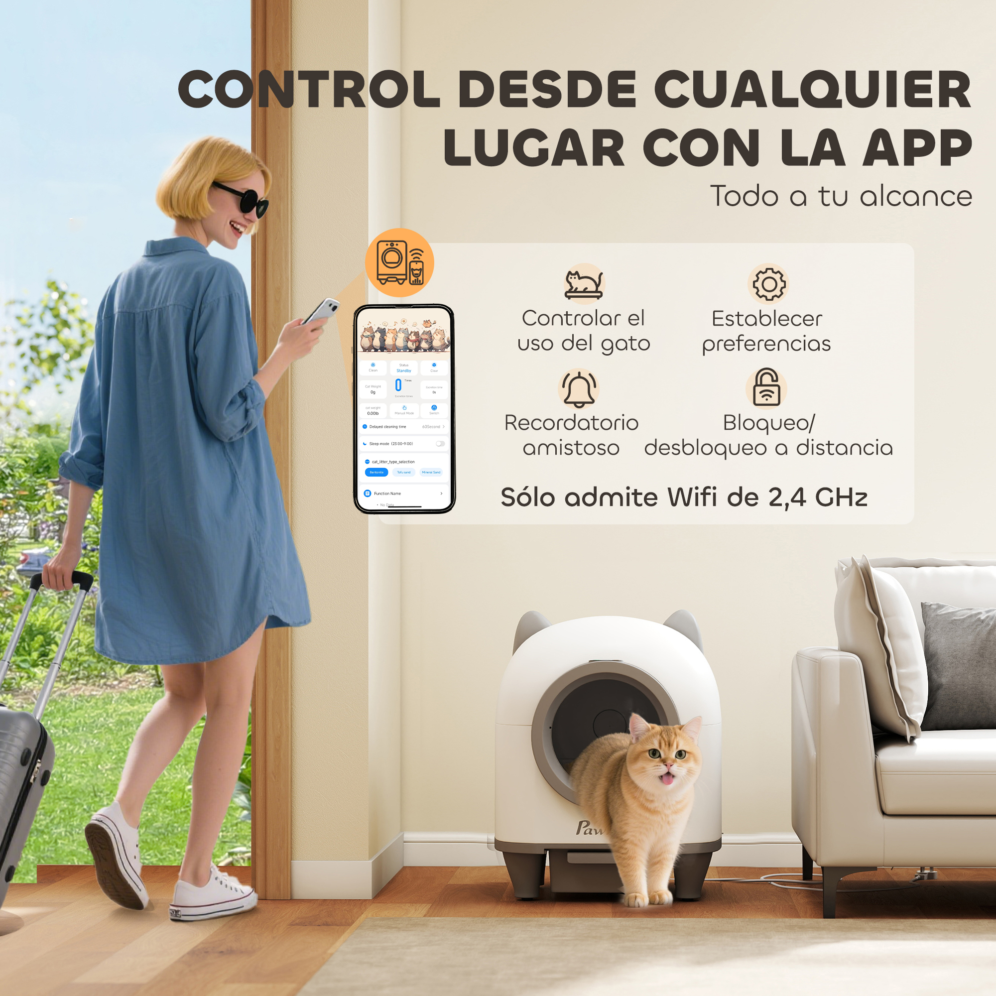 Una mujer con maleta y teléfono controla una caja de arena inteligente para gatos. Un gato está junto a ella. El texto dice: 'Controla desde cualquier lugar con la app'.