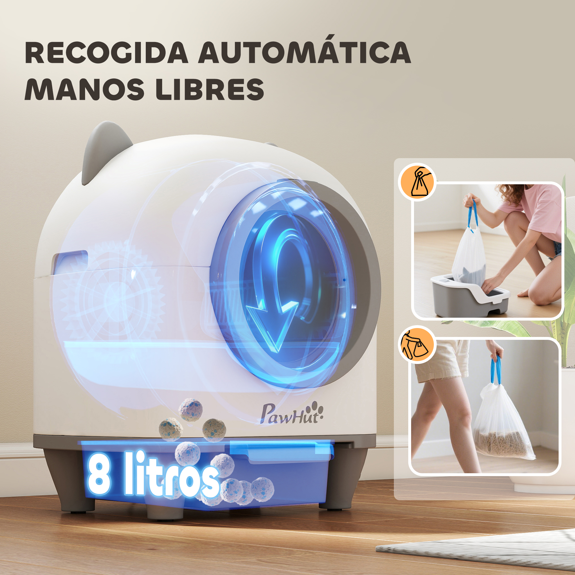 Se muestra una caja de arena automática para gatos con imágenes adicionales del uso de la bolsa y la eliminación de residuos.