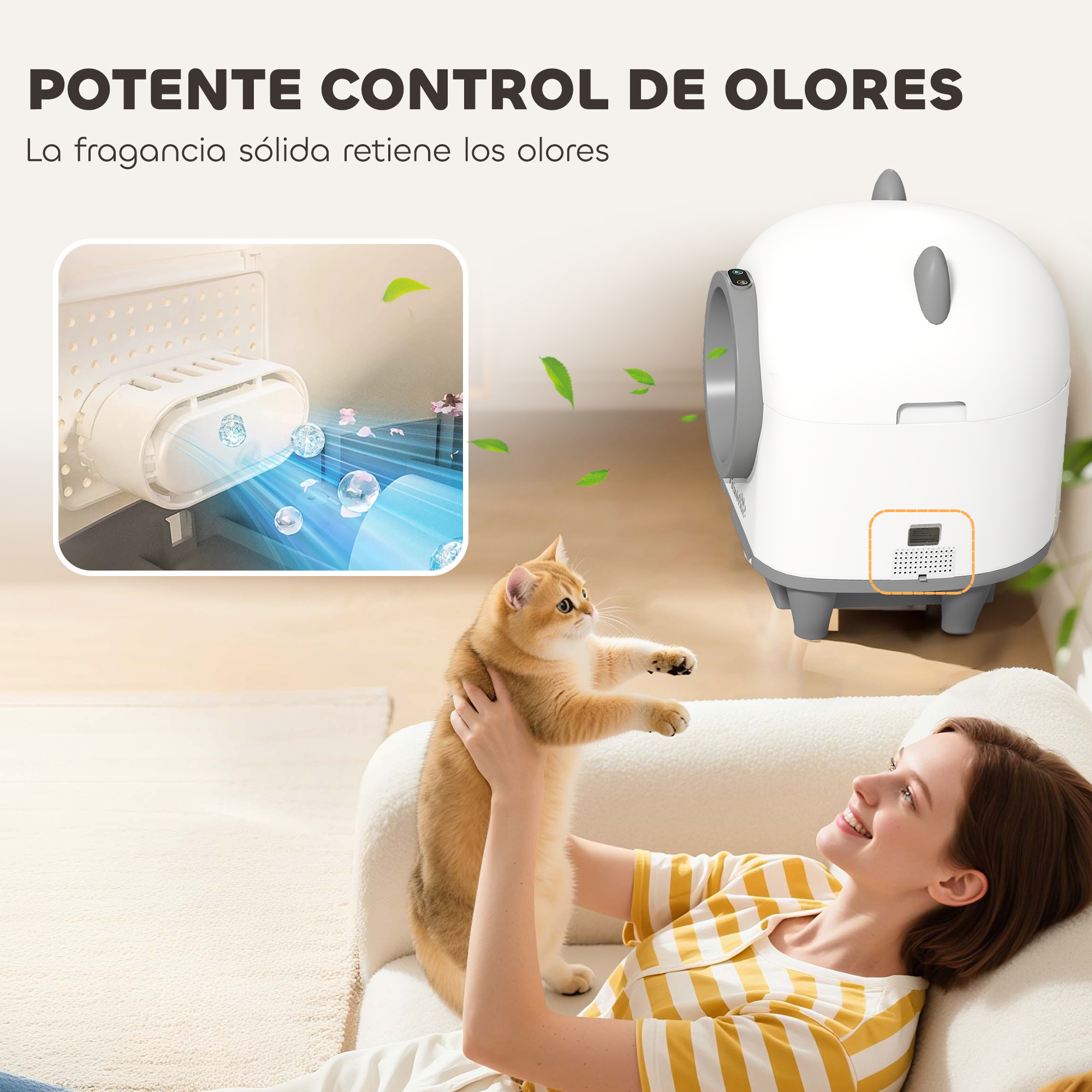Una mujer sostiene un gato dorado cerca de una caja de arena blanca, con texto 'Potente Control de Olores' y hojas.