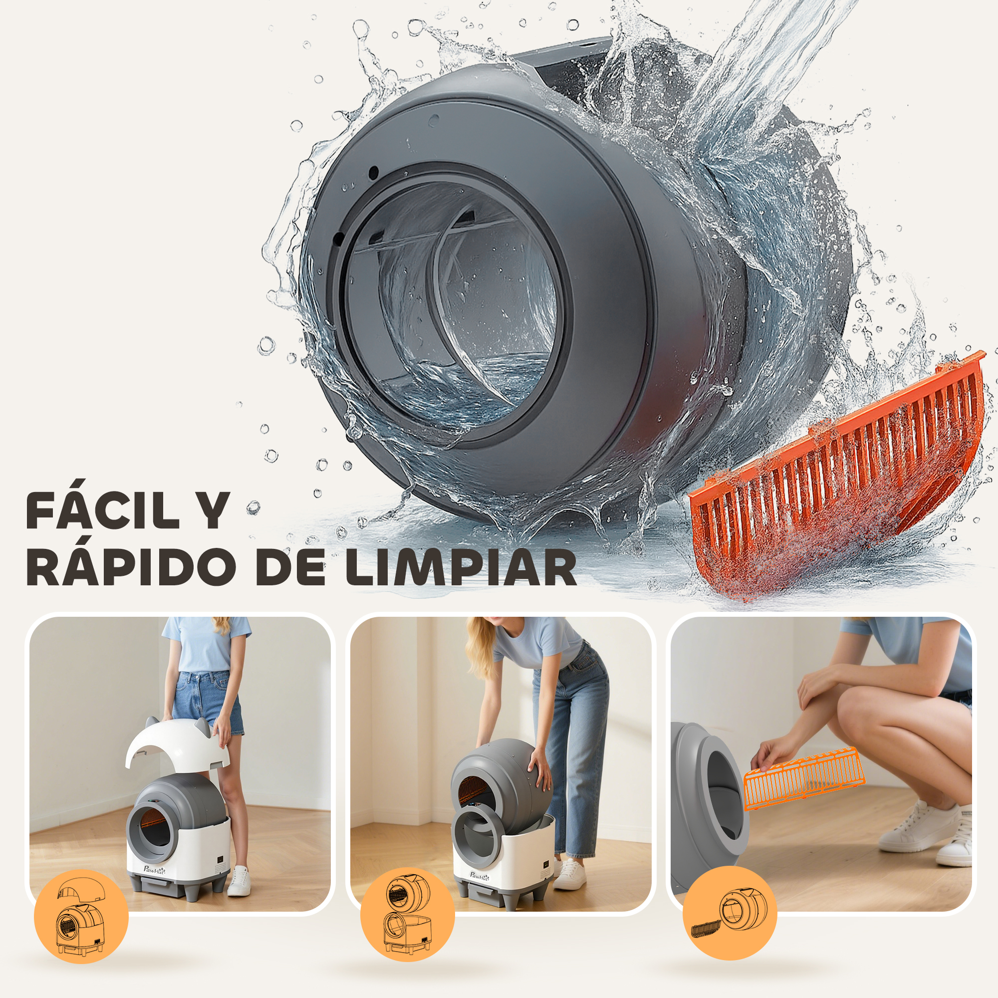 Una caja de arena para gatos con un cepillo de limpieza, efecto de salpicaduras de agua e imágenes de una persona limpiando y usando el producto.
