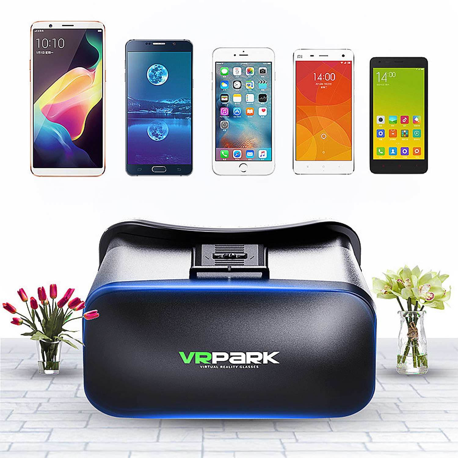 Auriculares de realidad virtual con teléfonos arriba, flores a los lados. Los teléfonos muestran la hora y las aplicaciones. VR PARK.