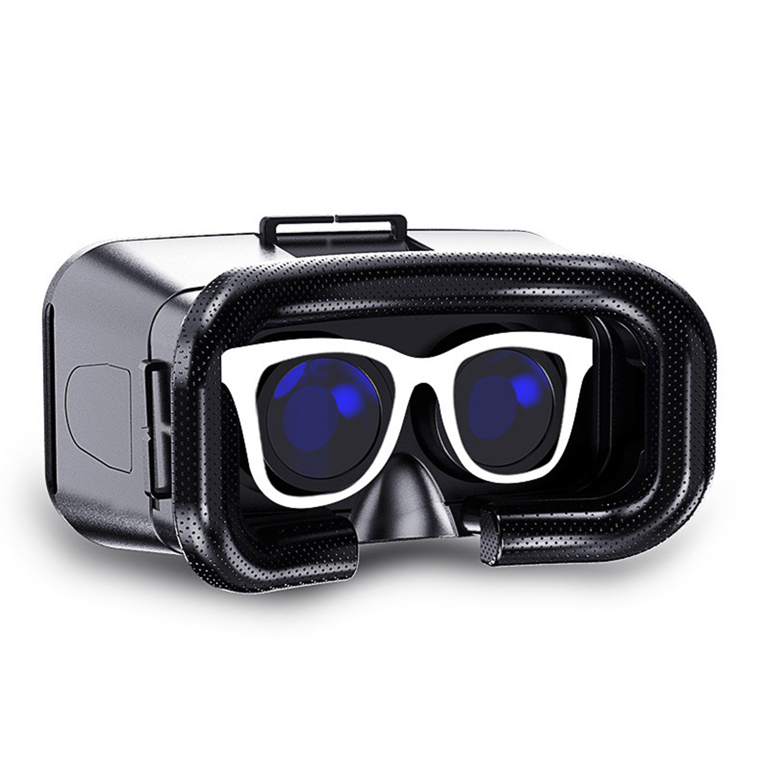Gafas de realidad virtual con marco blanco, cuerpo negro y lentes azules. El dispositivo tiene un asa y una superficie texturizada.
