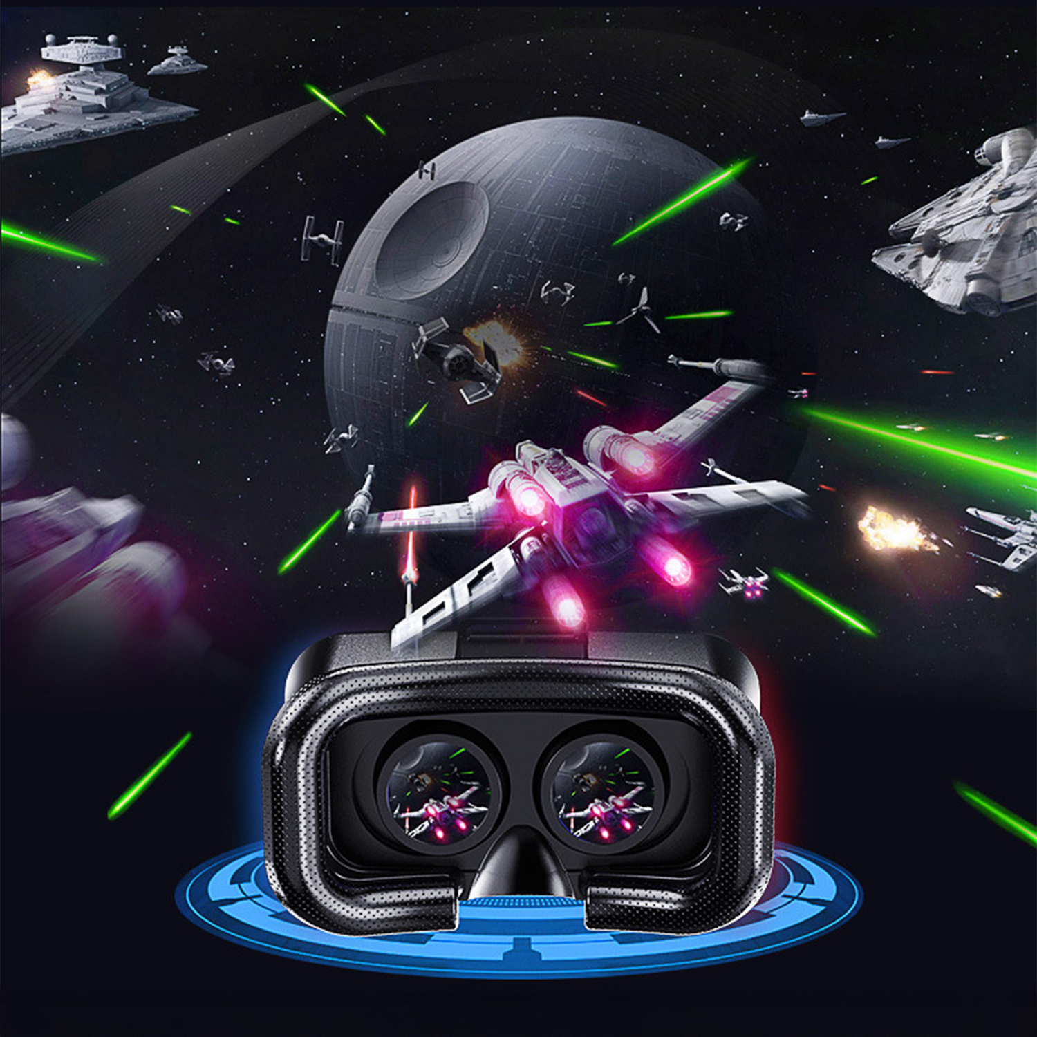 Gafas de realidad virtual con escena de batalla de Star Wars. Se ven cazas X-Wing, la Estrella de la Muerte y batallas espaciales.