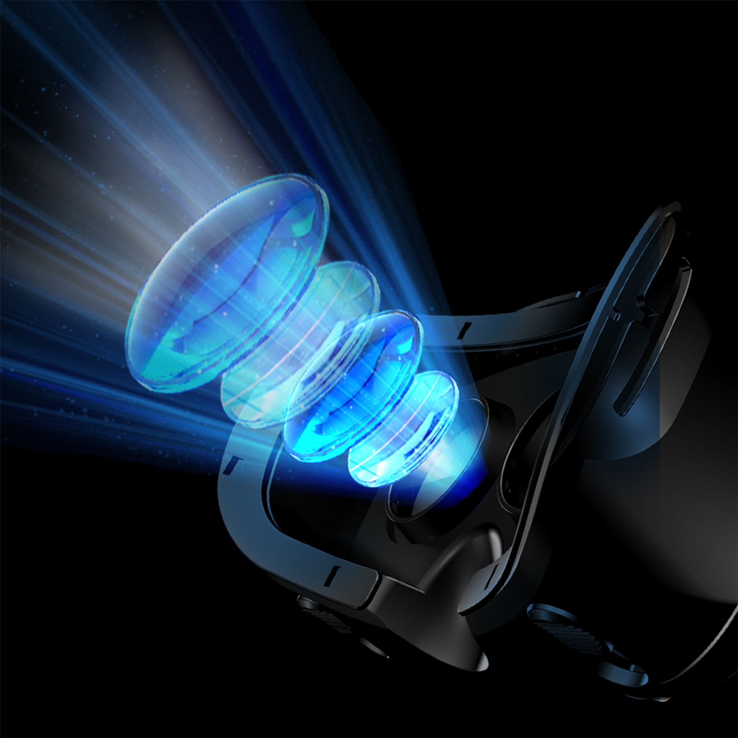 Auriculares de realidad virtual con lentes brillantes. Rayos de luz azul emanan de las lentes sobre un fondo oscuro. Los auriculares son negros.