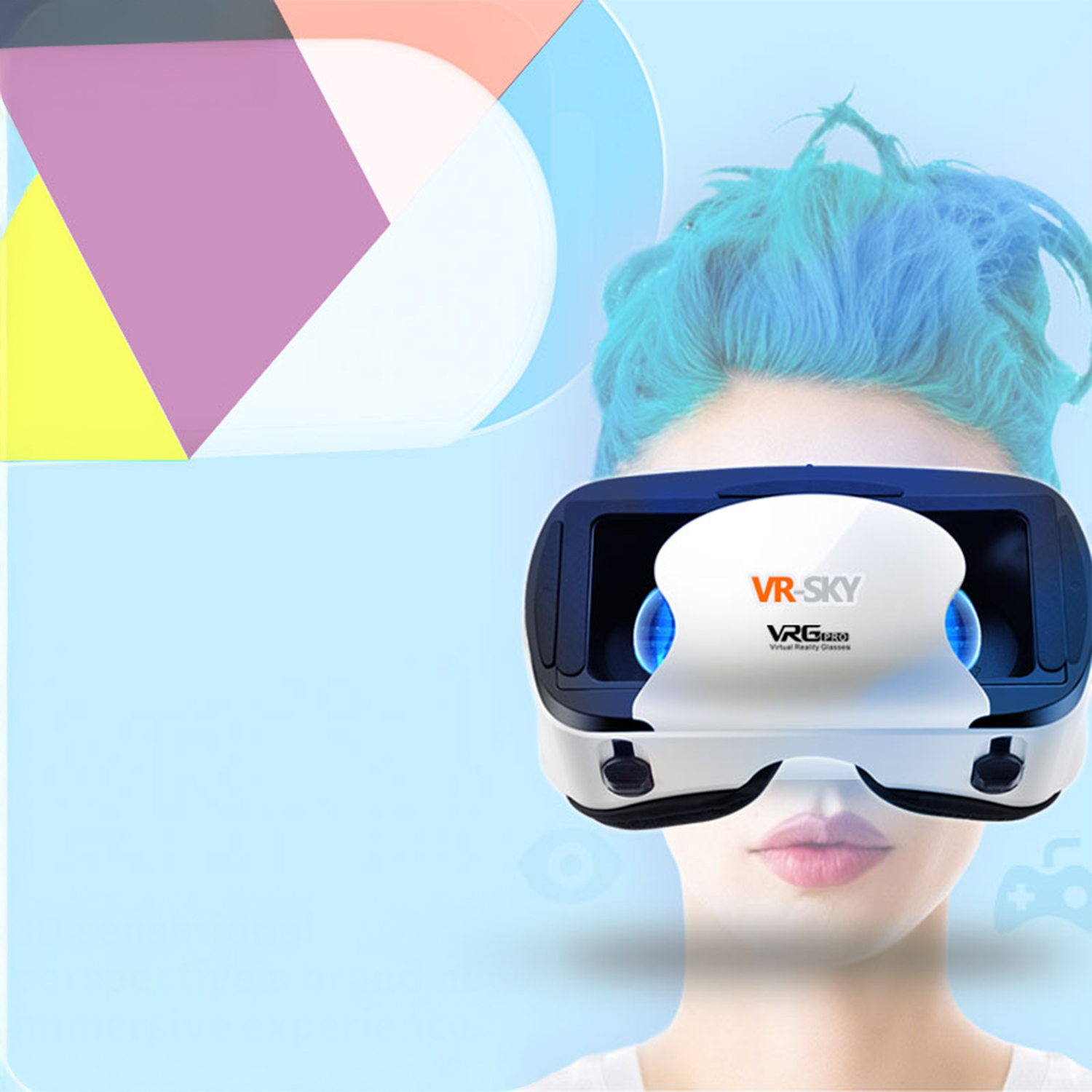 Una persona con un visore VR, capelli blu e sfondo blu. Forme astratte sullo sfondo. Il visore ha la scritta VR-SKY.