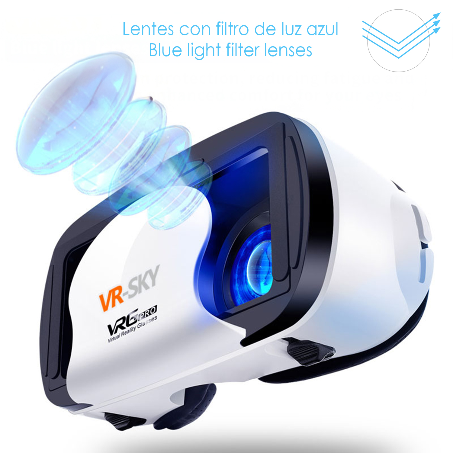 Cuffie VR bianche con lenti filtranti la luce blu. Testo: VR-SKY, VR PRO. Effetto luce blu davanti. Grafica azzurra in alto a destra.