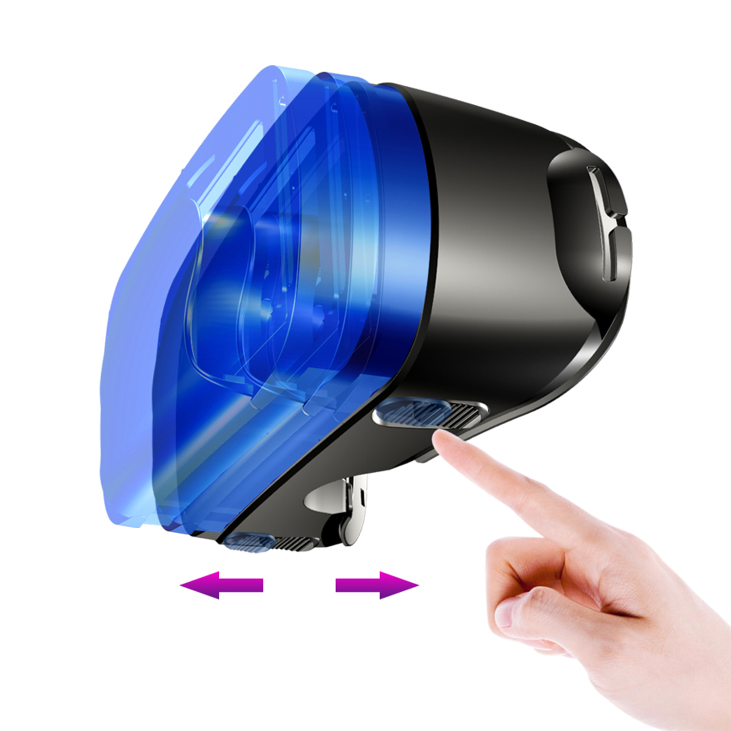 Una mano toca un dispositivo negro con partes transparentes azules. Flechas indican movimiento. El fondo es blanco.