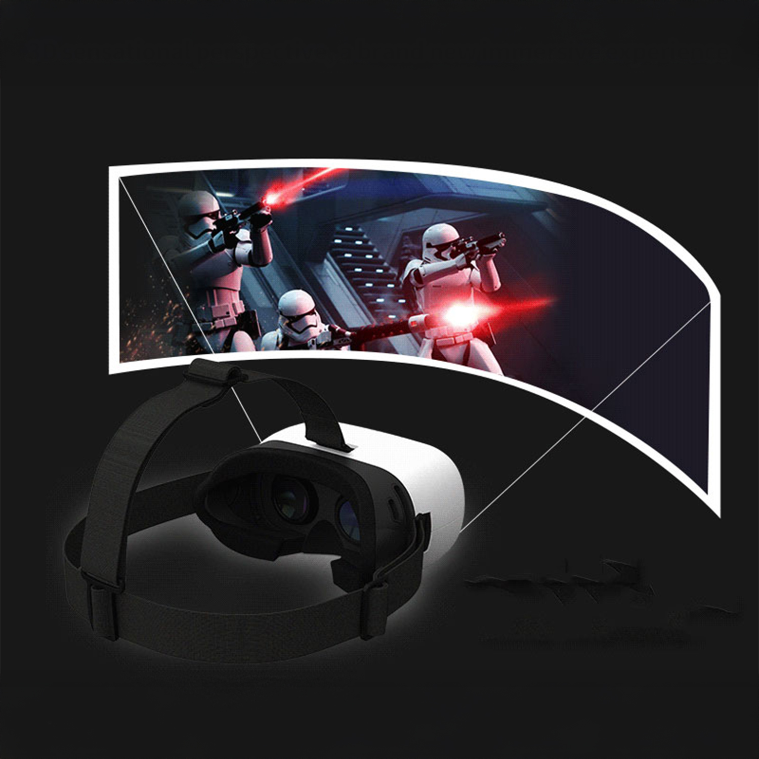 Visore VR con scena di Star Wars. Stormtrooper che sparano blaster, raggi laser rossi e un aspetto futuristico.