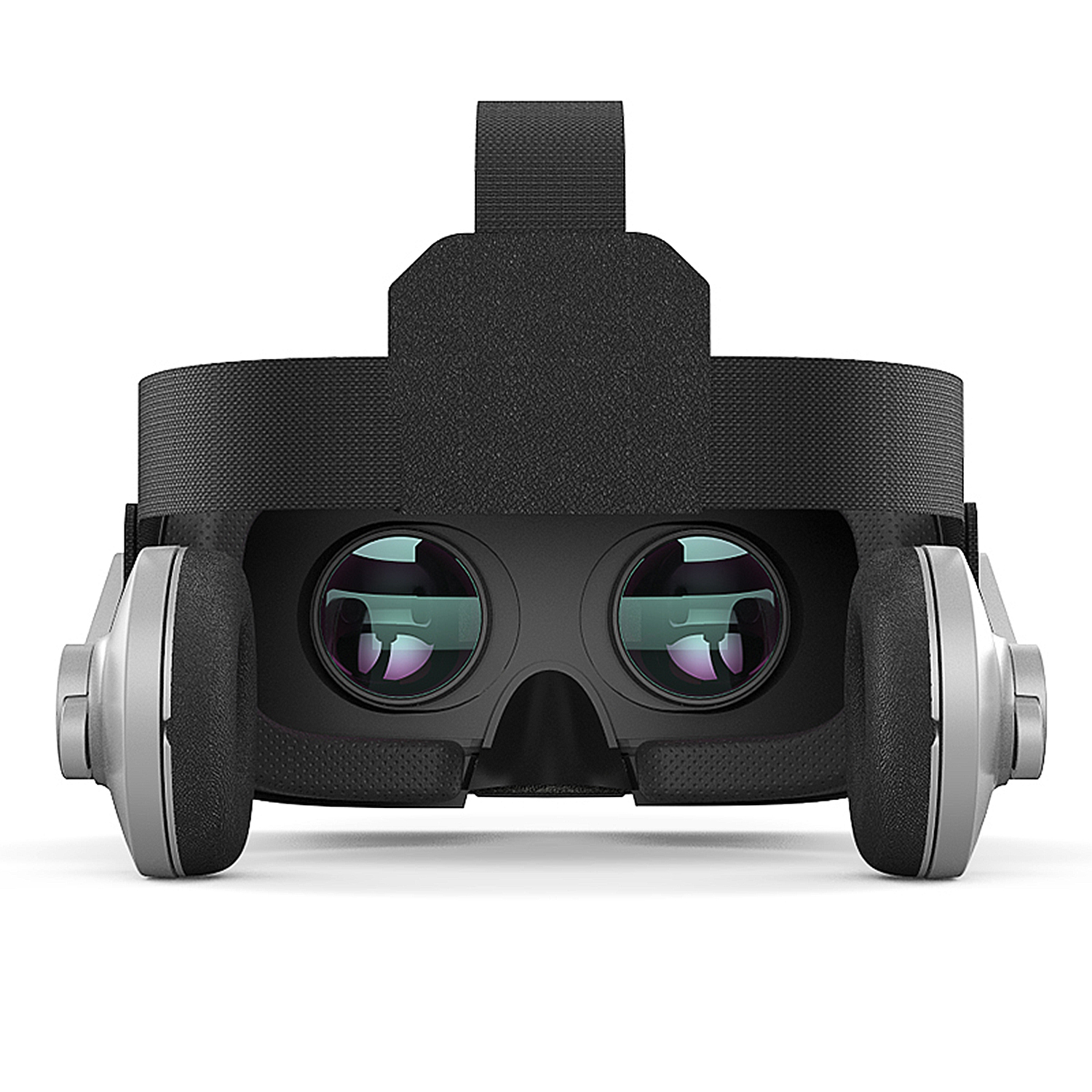 Auriculares de realidad virtual sobre blanco. Correa y marco negros, auriculares plateados. Las lentes reflejan la luz. El dispositivo está listo.