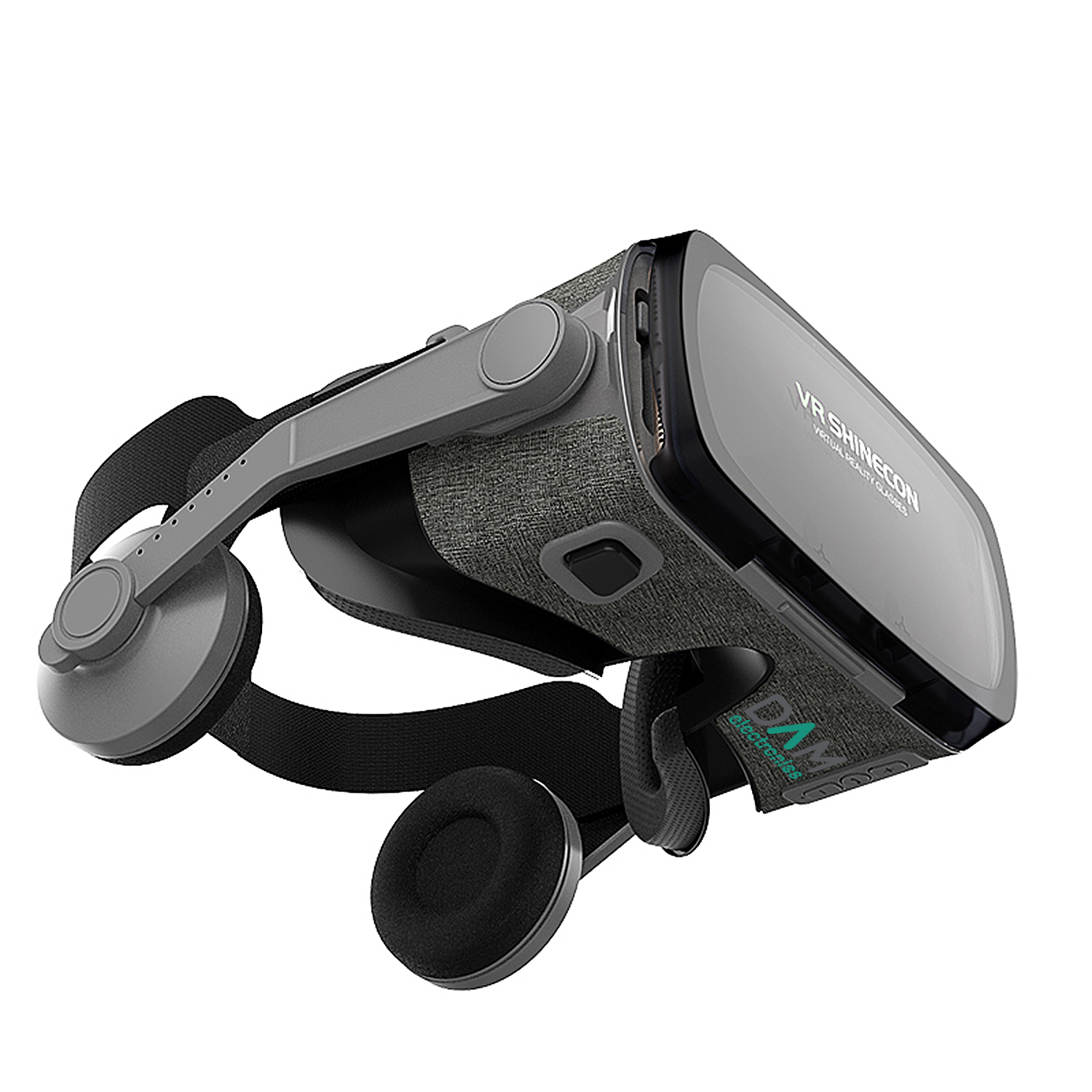 Unos auriculares de realidad virtual VR Shinecon con auriculares integrados. Los auriculares son grises y negros con el logotipo visible.
